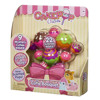 CAKE POP Cuties
9 Mystery Cuties INSIDE
22 Surprises INSIDE!
Stickers & More!
New Scented Pops!
Cutie Bouquet
CONTAINS 32 PIECES
WARNING: CHOKING HAZARD - Toy contains small balls and small parts. Not for children under 3 years.
