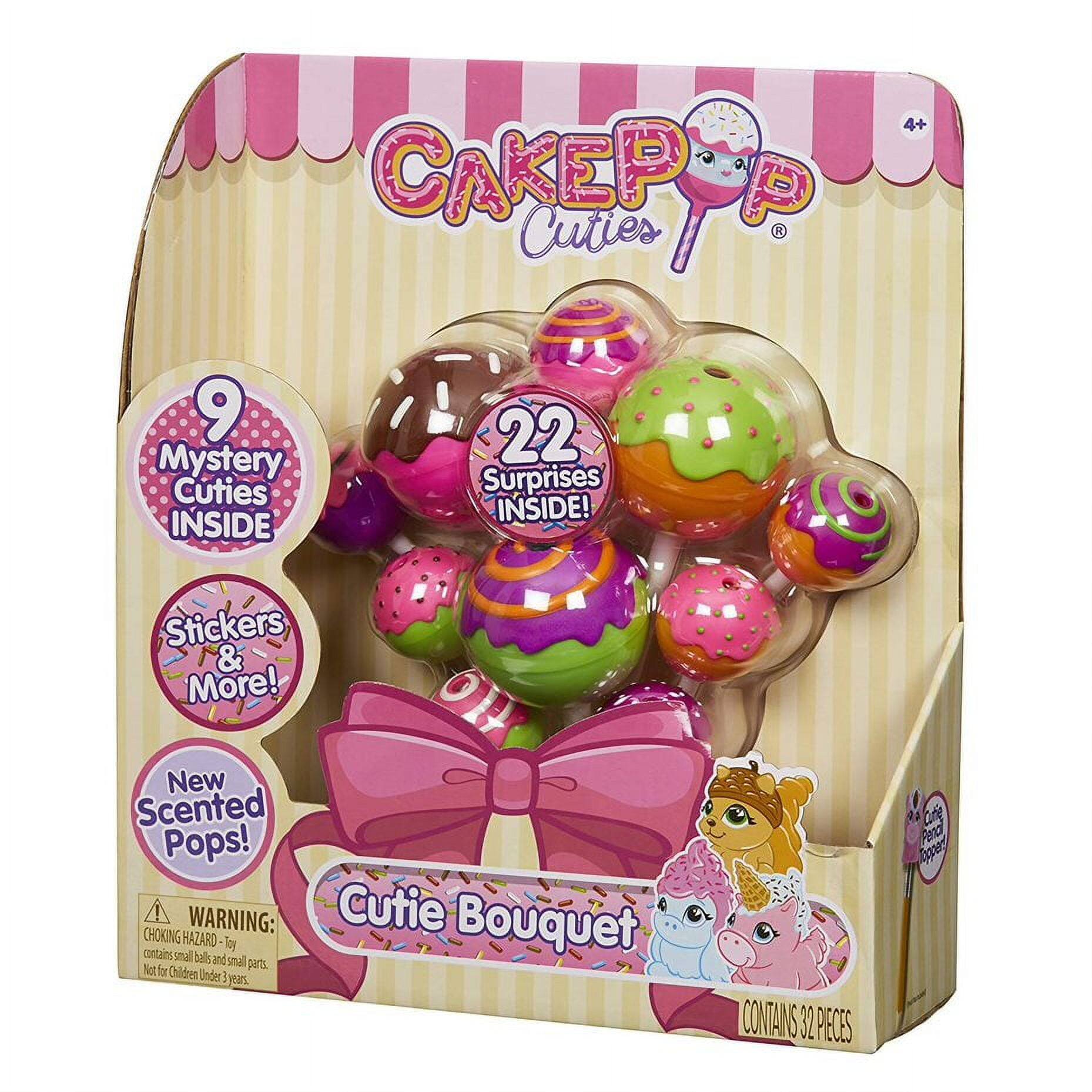 CAKE POP Cuties

9 Mystery Cuties INSIDE

22 Surprises INSIDE!

Stickers & More!

New Scented Pops!

Cutie Bouquet

CONTAINS 32 PIECES

WARNING: CHOKING HAZARD - Toy contains small balls and small parts. Not for children under 3 years.