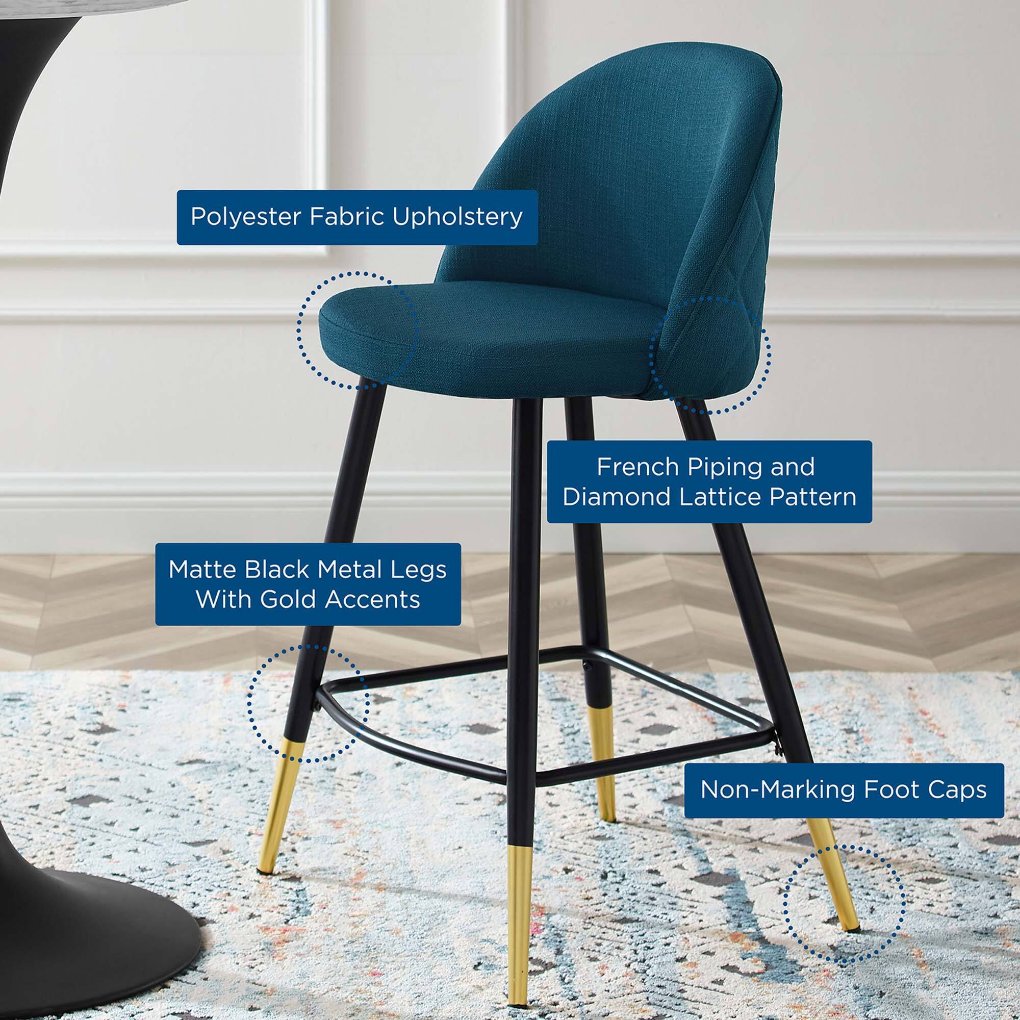 - Polyester Fabric Upholstery
- French Piping and Diamond Lattice Pattern
- Matte Black Metal Legs With Gold Accents
- Non-Marking Foot Caps