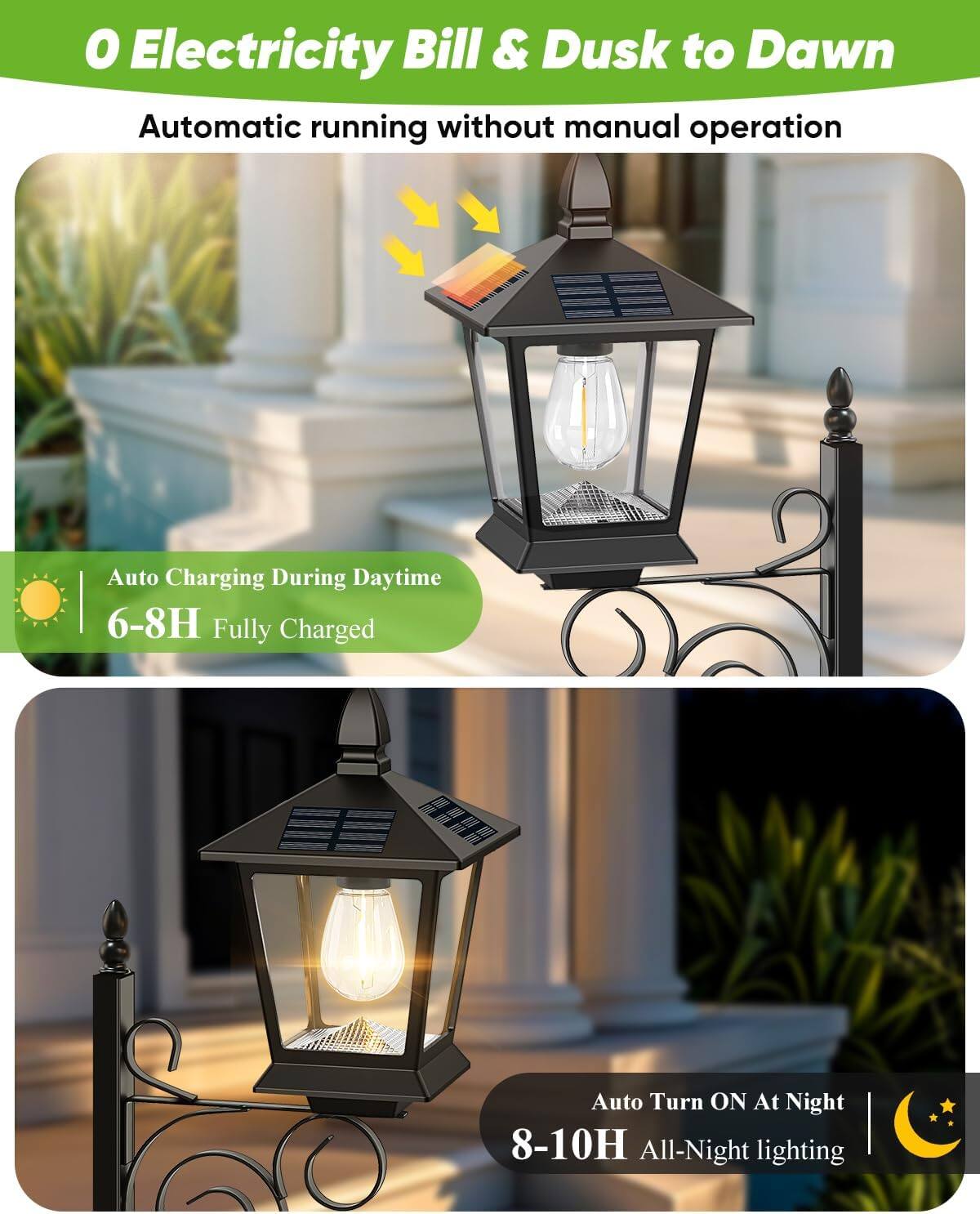 - 0 Electricity Bill & Dusk to Dawn
- Automatic running without manual operation
- Auto Charging During Daytime
- 6-8H Fully Charged
- Auto Turn ON At Night
- 8-10H All-Night lighting