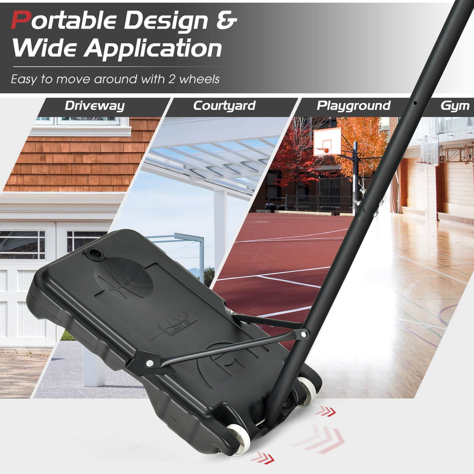 Portable Design & Wide Application  
Easy to move around with 2 wheels  

Driveway  
Courtyard  
Playground  
Gym