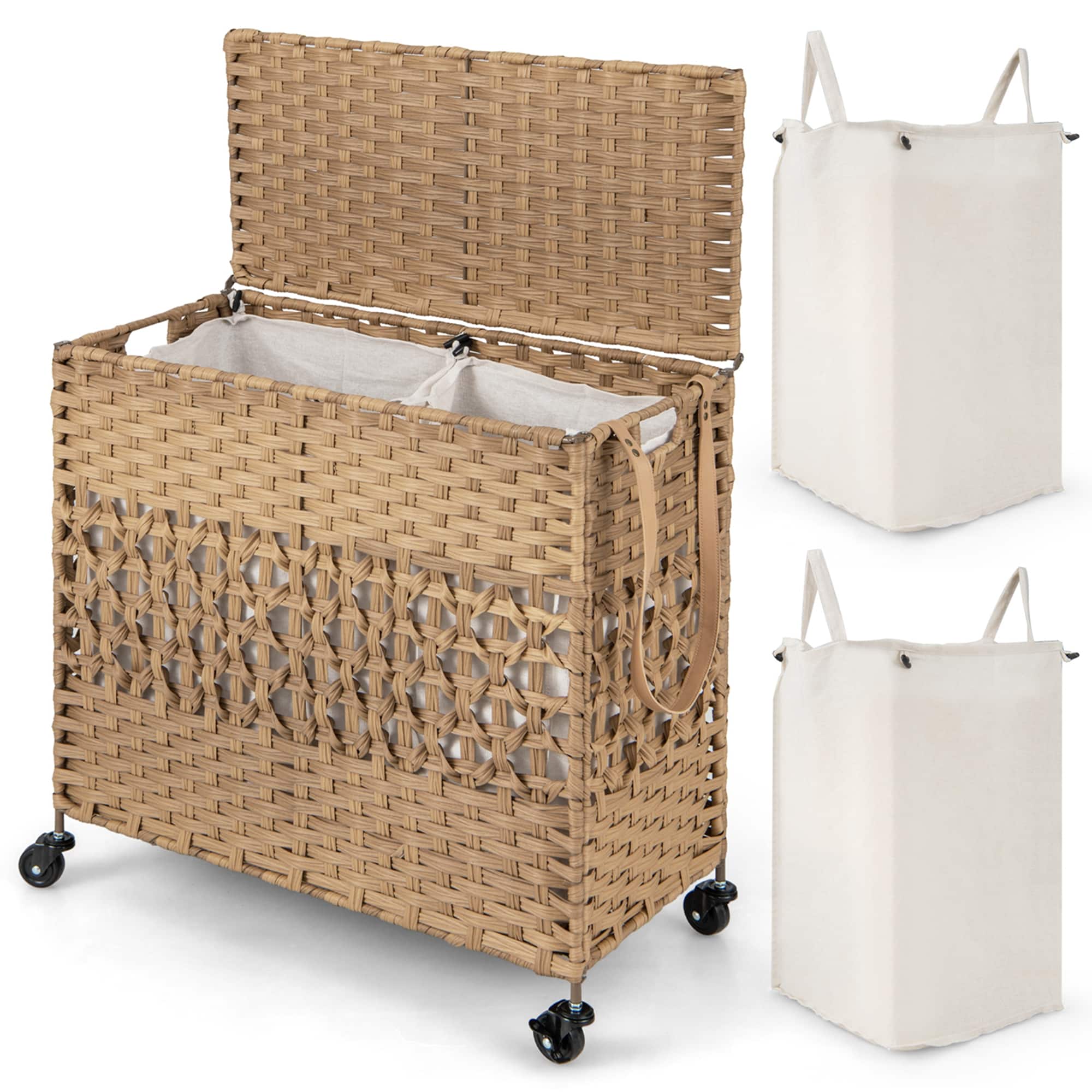 Costway - 110L Laundry Hamper with Wheels Clothes Basket Lid & Handle & 2 Liner Bags - Natural