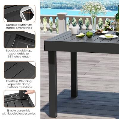 12 mm Durable aluminum frame, 1.2mm thick  
Spacious tabletop, expandable to 63 inches length  
Effortless Cleaning: Wipe with damp cloth for fresh look  
Simple assembly with labeled accessories