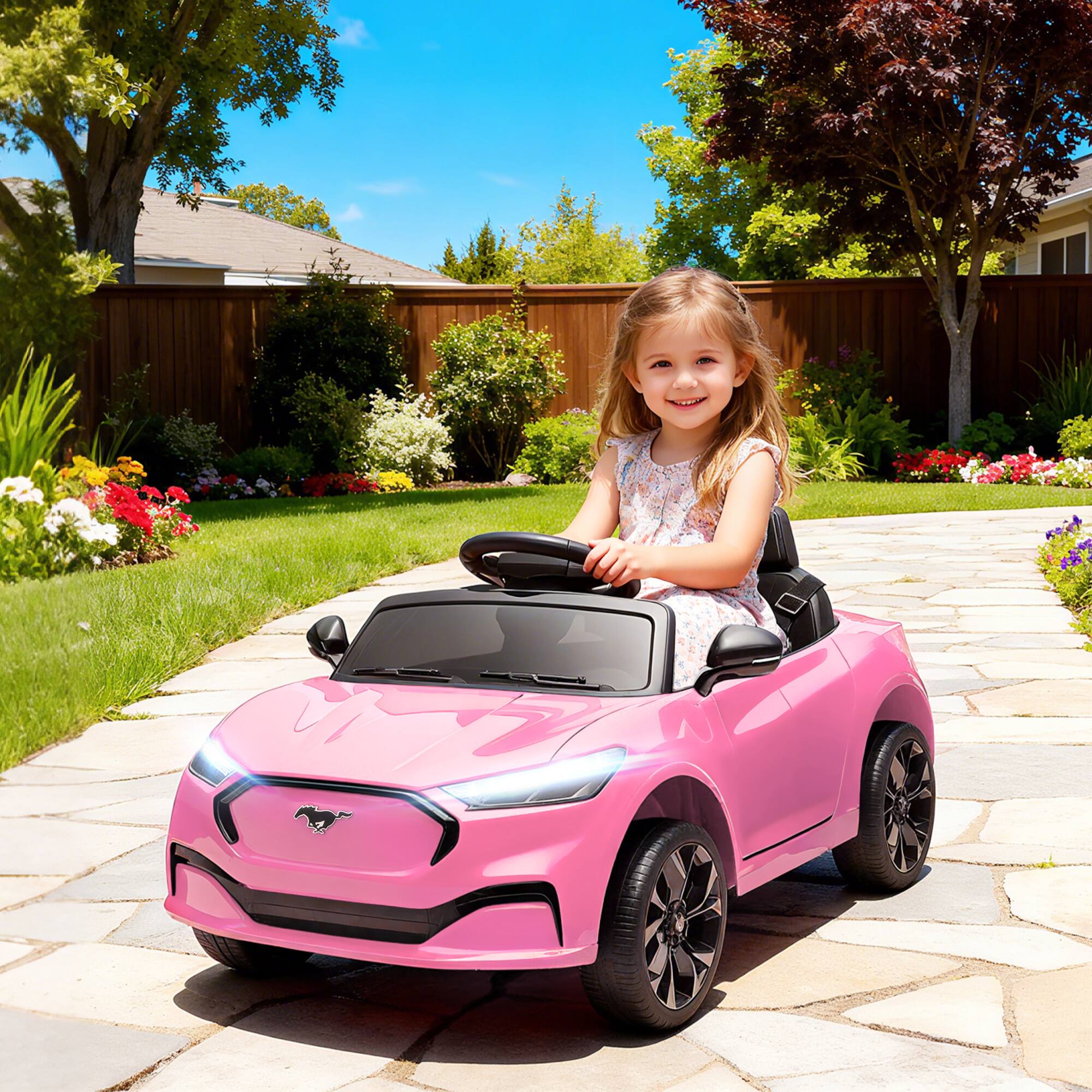 Angle. Qaba - 12V Kids Ride On Car, Licensed Ford Mustang Mach-E Electric Car w/Remote, 5 Speeds, LED Light, Music, Bluetooth.
