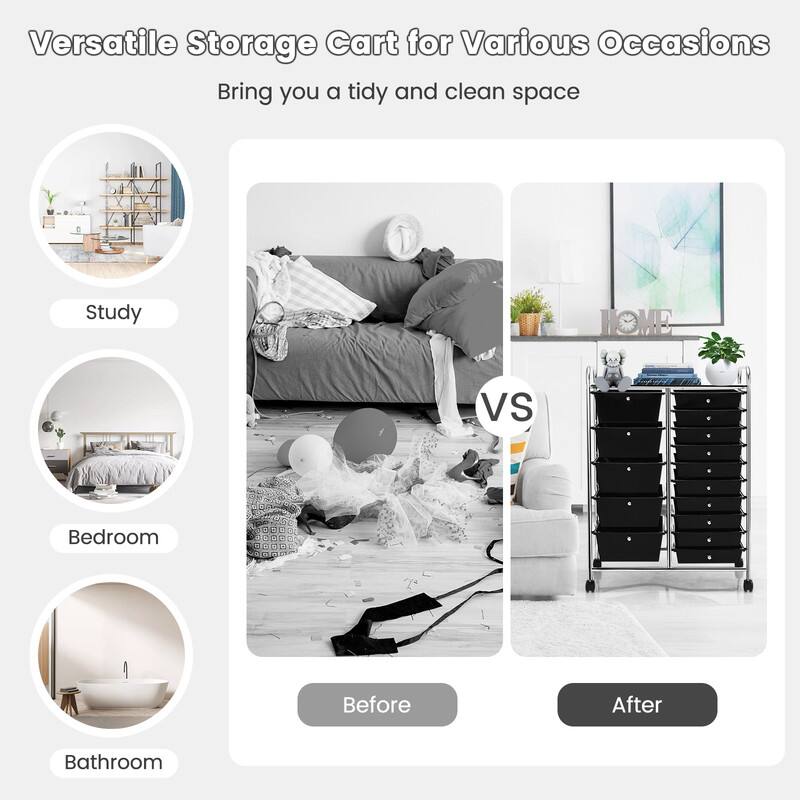 Versatile Storage Cart for Various Occasions  
Bring you a tidy and clean space  

Study  
Bedroom  
Bathroom  

Before  
After