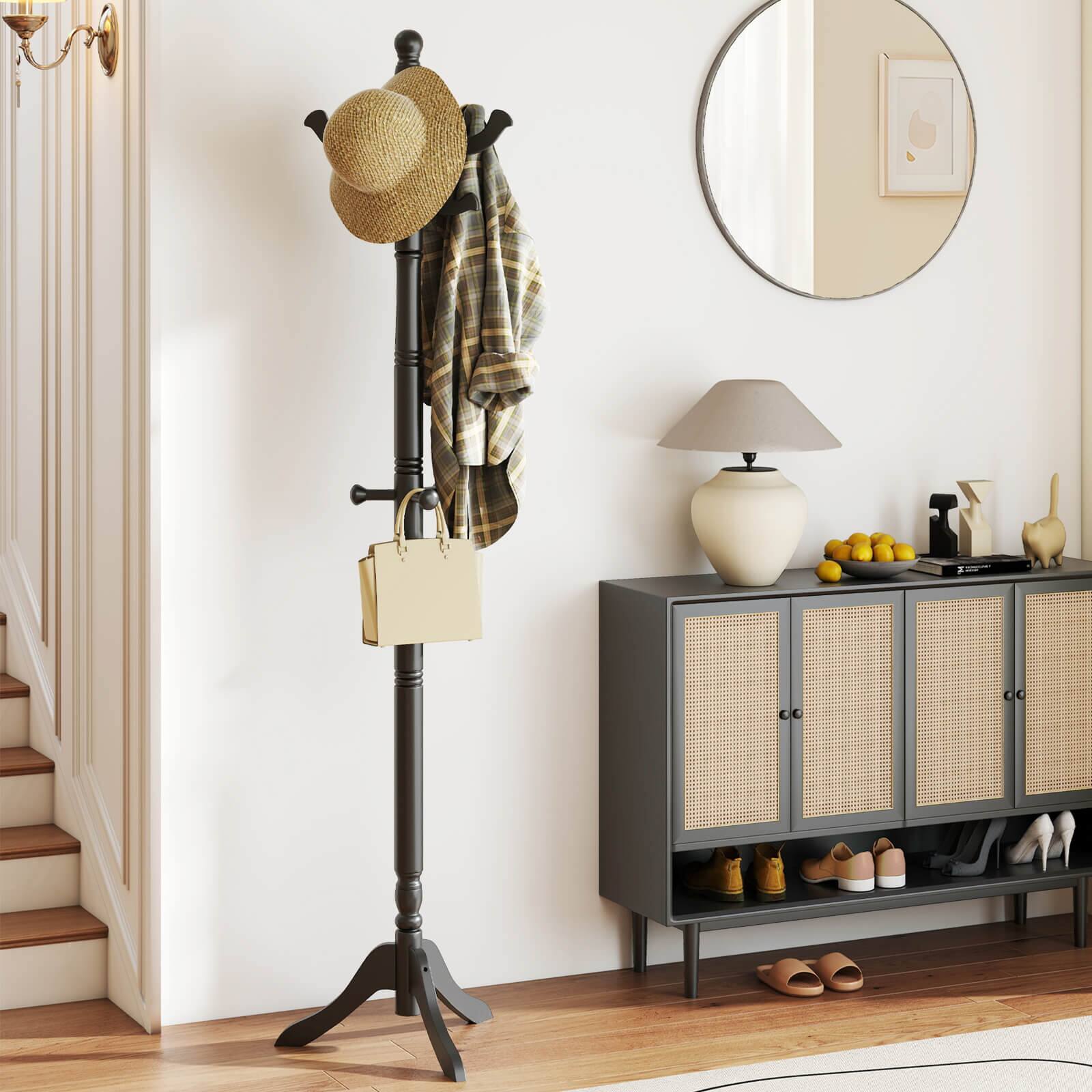 Alt View 4. Costway - Costway Solid Rubber Wood Coat Rack with 3 Adjustable Heights and 11 Hooks for Hallway - Black.