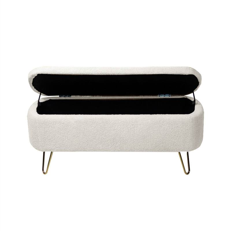 Angle. HTUTWOO - Storage Ottoman Bench for Bedroom - Faux Fur Upholstered Bench with Gold Legs, Padded Storage Bench for Living Room - Ivory.