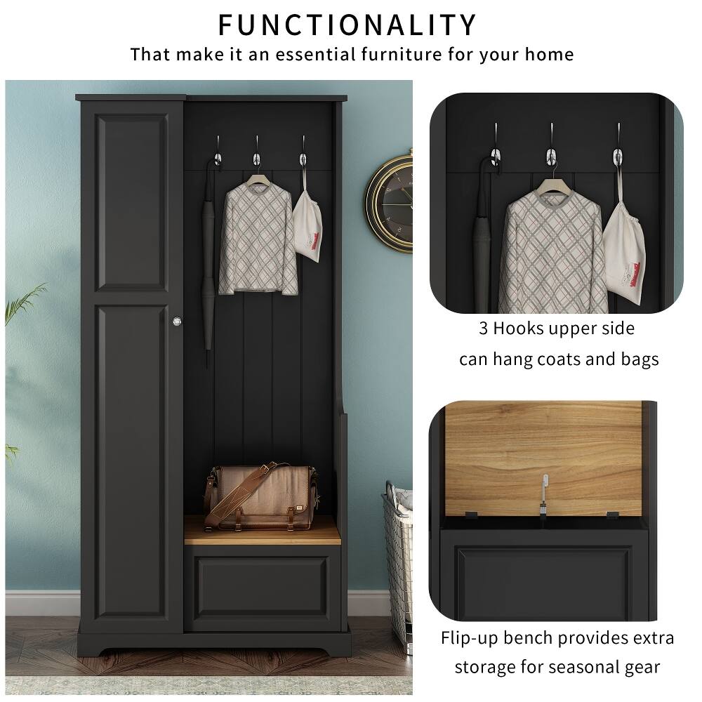 FUNCTIONALITY  
That make it an essential furniture for your home

3 Hooks upper side can hang coats and bags

Flip-up bench provides extra storage for seasonal gear