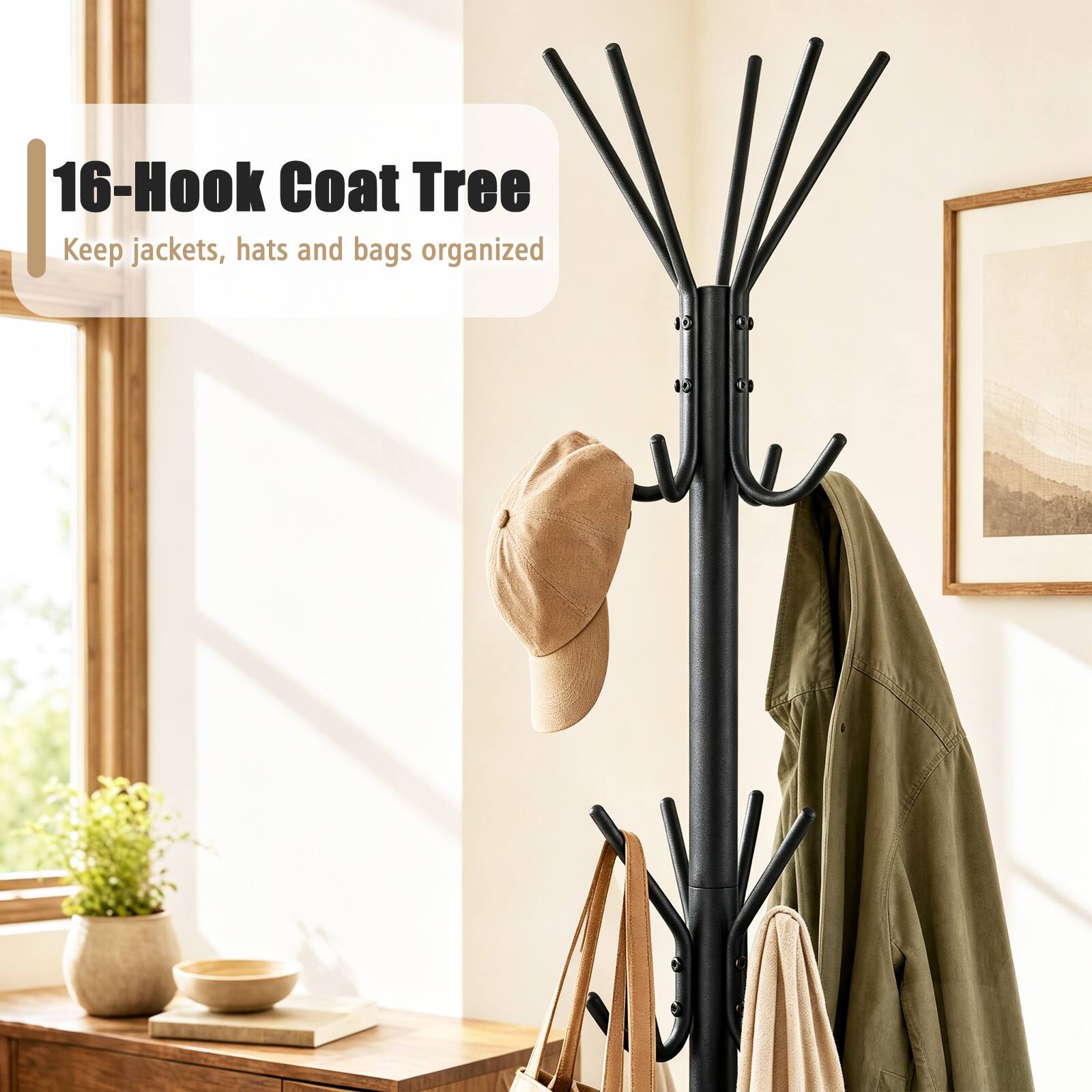 16-Hook Coat Tree  
Keep jackets, hats and bags organized