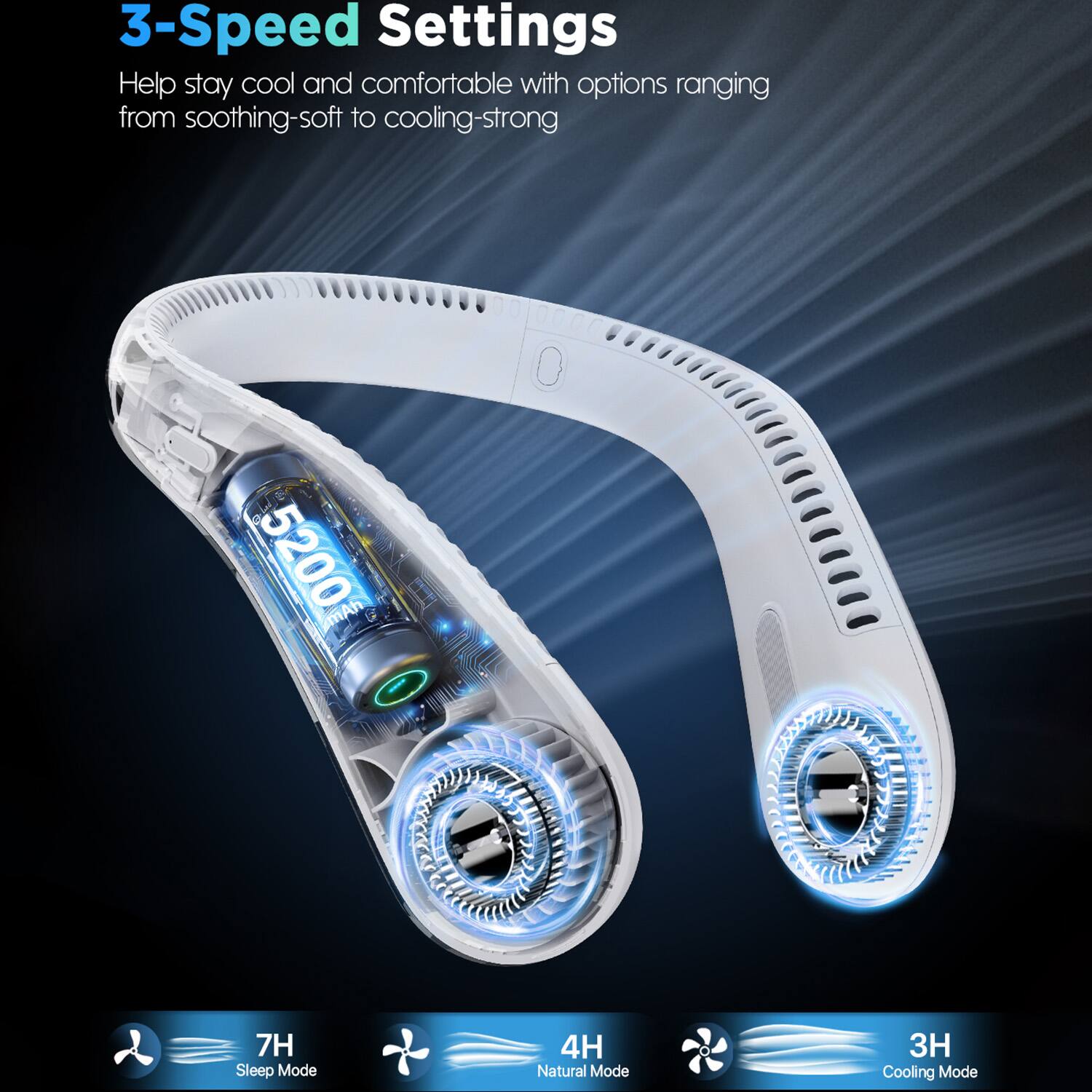 3-Speed Settings  
Help stay cool and comfortable with options ranging from soothing-soft to cooling-strong  

5200 mAh  

7H Sleep Mode  
4H Natural Mode  
3H Cooling Mode