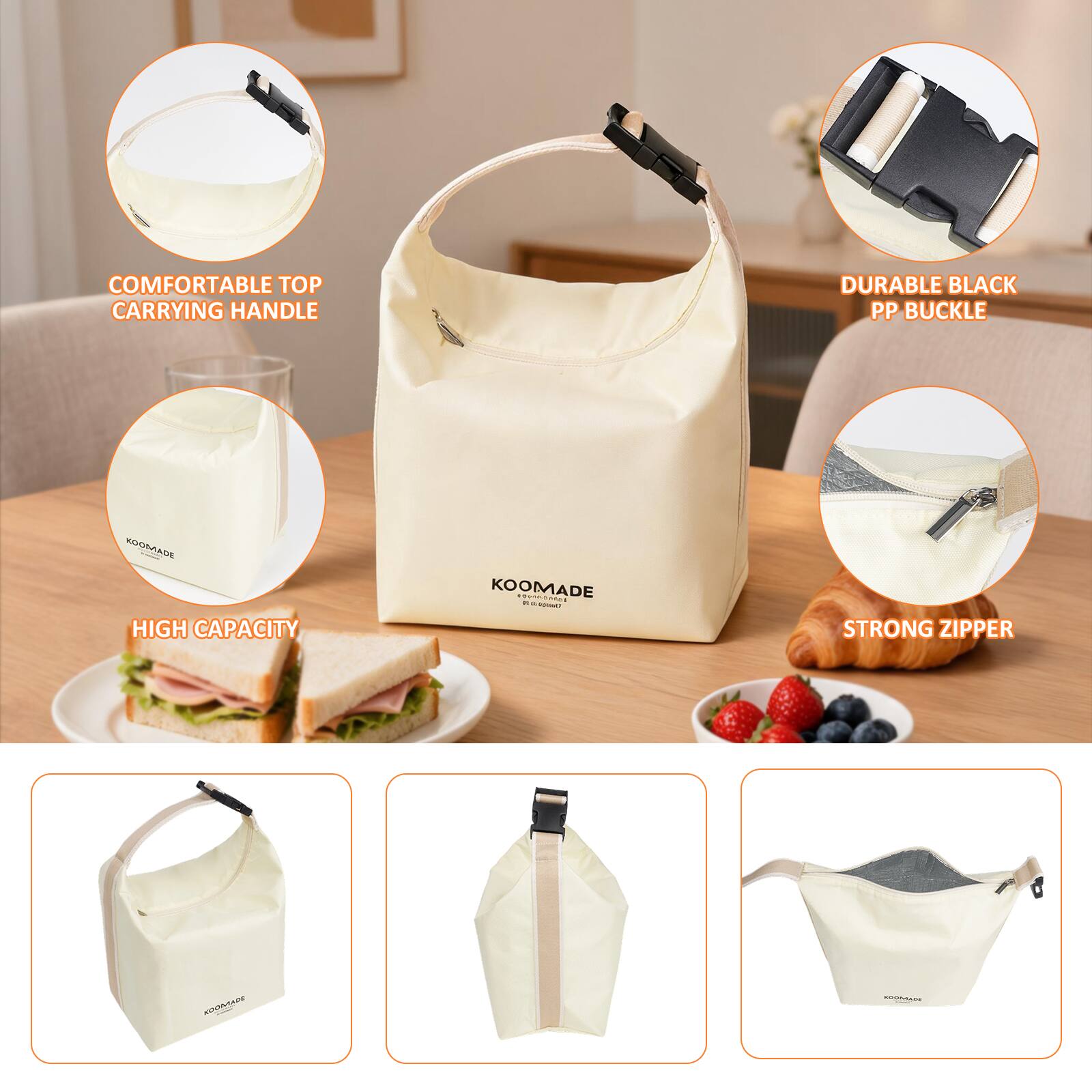 COMFORTABLE TOP CARRYING HANDLE  
DURABLE BLACK PP BUCKLE  
KOOMADE HIGH CAPACITY  
KOOMADE - na . QUALD  
STRONG ZIPPER  
KOOMADE