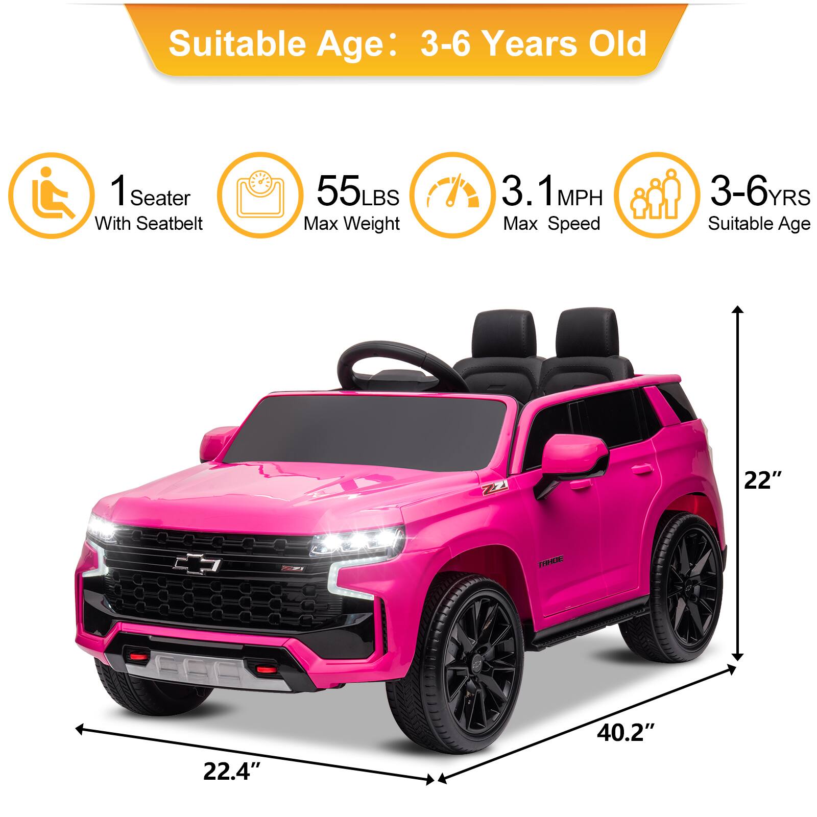 Suitable Age: 3-6 Years Old

1 Seater With Seatbelt

55 LBS Max Weight

3.1 MPH Max Speed

3-6 YRS Suitable Age

22" TMMO

22.4"

40.2"