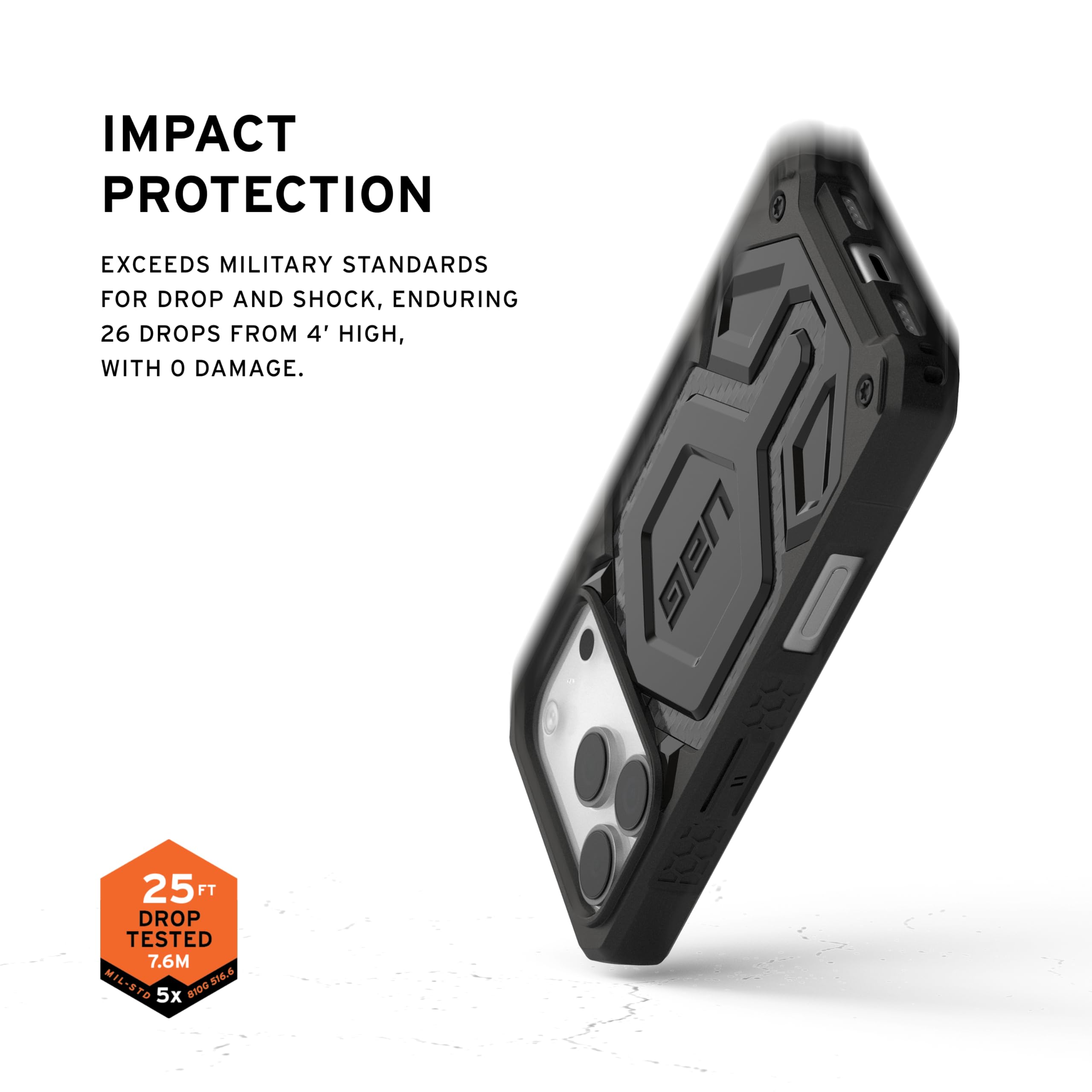 IMPACT PROTECTION

EXCEEDS MILITARY STANDARDS FOR DROP AND SHOCK, ENDURING 26 DROPS FROM 4' HIGH, WITH 0 DAMAGE.

25 FT DROP TESTED 7.6M

MIL-STD 8100.536.6 S1.6 TD 5x 81DS