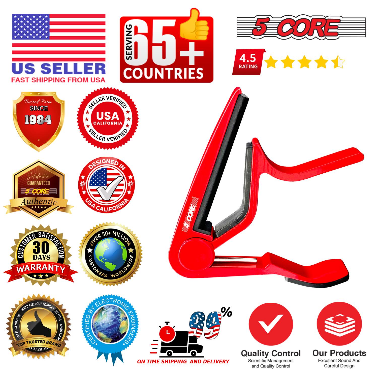 Sure, here is the corrected and grouped text from the image:

---

**US SELLER**  
FAST SHIPPING FROM USA

**5 CORE**  
SERVING 65+ COUNTRIES

**4.5 RATING**

**Trusted Form**  
SINCE 1984

**SELLER VERIFIED**  
USA CALIFORNIA

**DESIGNED IN**  
USA CALIFORNIA

**SATISFACTION GUARANTEED**

**5 CORE**  
Authentic

**30 DAYS WARRANTY**

**OVER 50+ MILLION CUSTOMERS WORLDWIDE**

**SATISFIED CUSTOMERS BY ELECTRONIC ENGINEERS**

**TOP TRUSTED BRAND**

**ON TIME SHIPPING AND DELIVERY**

**Quality Control**  
Scientific Management and Quality Control

**Our Products**  
Excellent Sound And Careful Design

**%**  
(Icon with American flag)

**%**  
(Icon with checkmark)

**%**  
(Icon with stacked boxes)

---