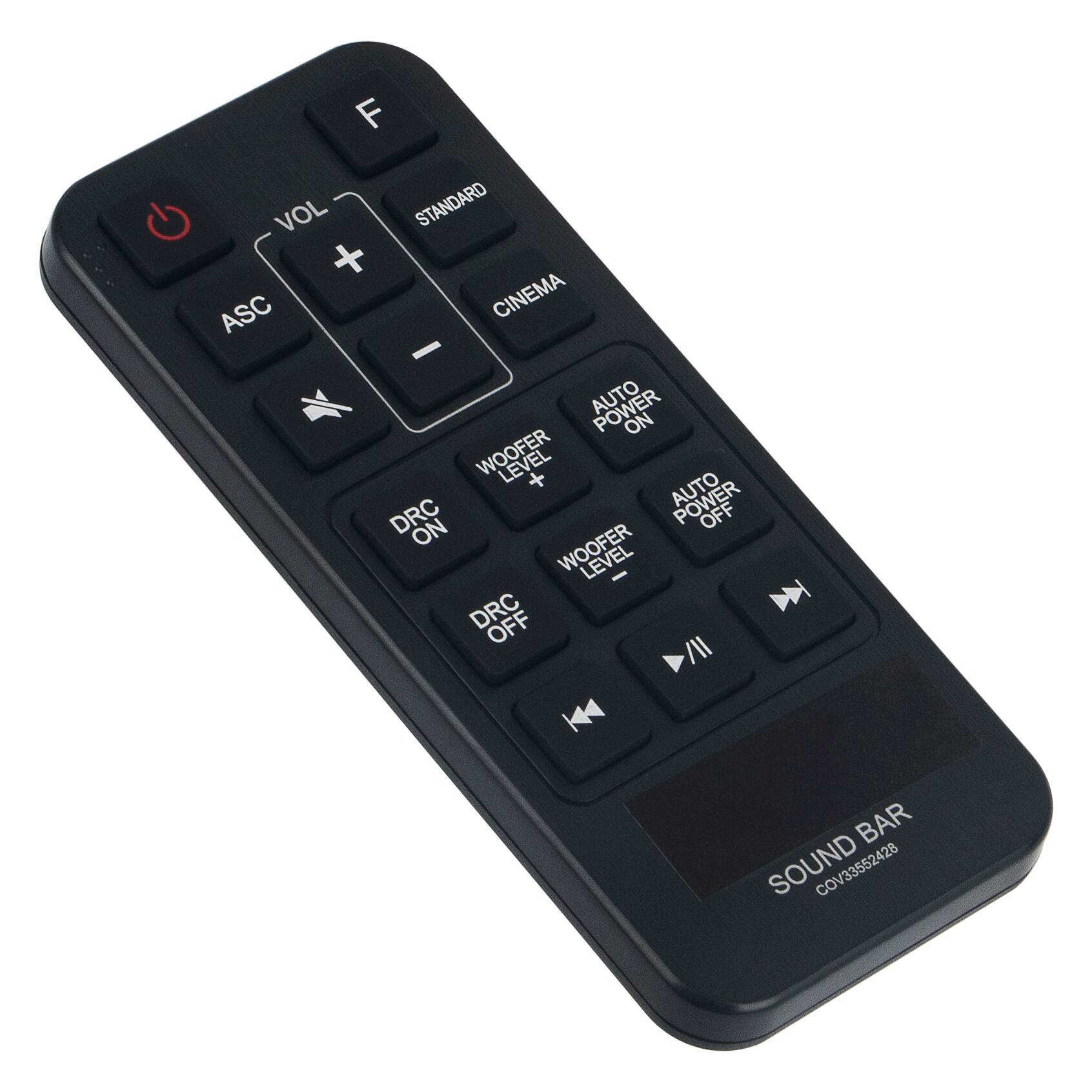 Sure, here is the corrected and grouped text from the image:

- VOL
  - +
  - -
- STANDARD
- CINEMA
- ASC
- WOOFER LEVEL
  - +
  - -
- DRC
  - ON
  - OFF
- AUTO POWER ON
- AUTO POWER OFF
- SOUND BAR
- COV33552428