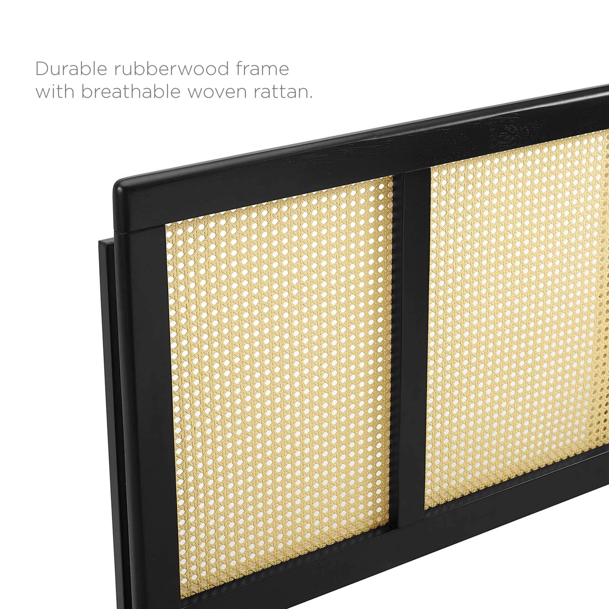 Durable rubberwood frame with breathable woven rattan.