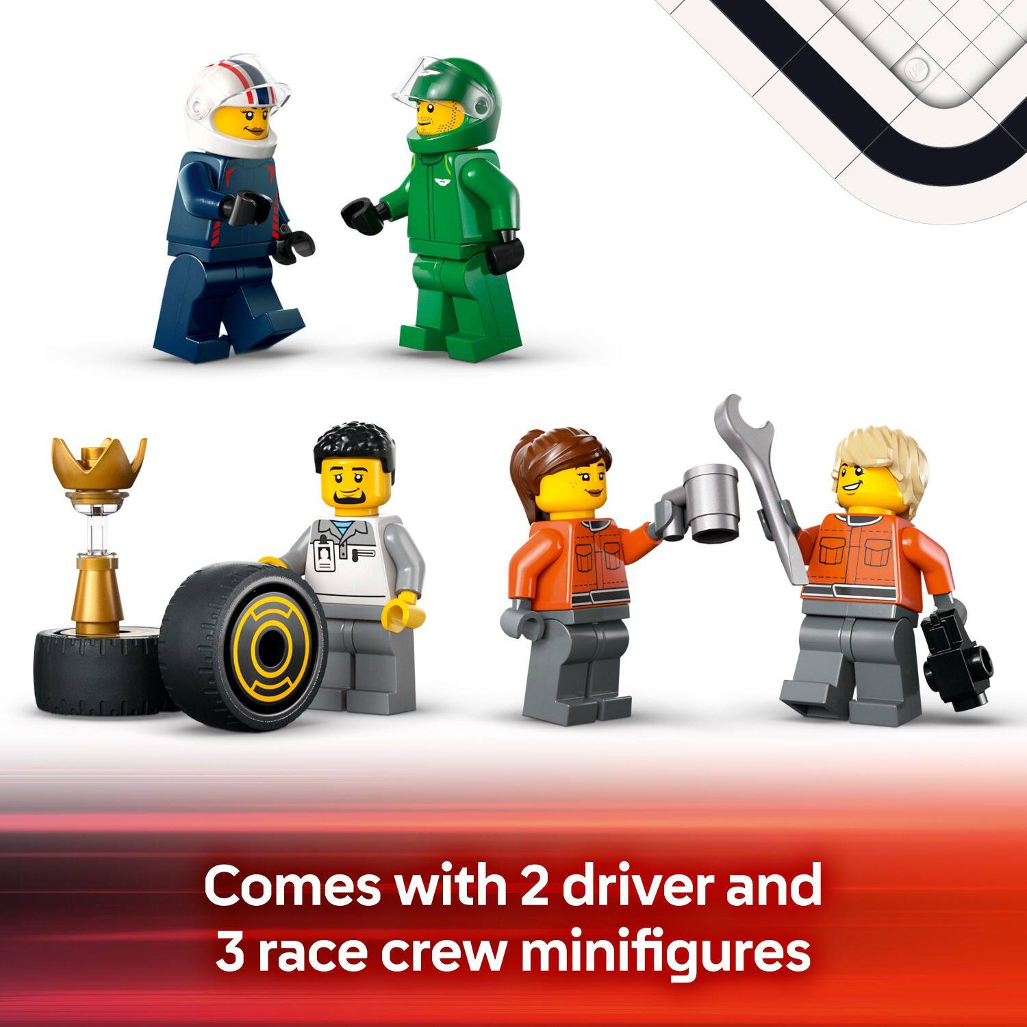 Comes with 2 driver and 3 race crew minifigures.