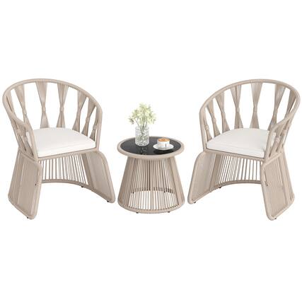 Front. Gymax - Gymax Set Of 3 Patio Leisure Chair Set Rope-Woven Armchairs & Table Set w/ Cushions - Beige.