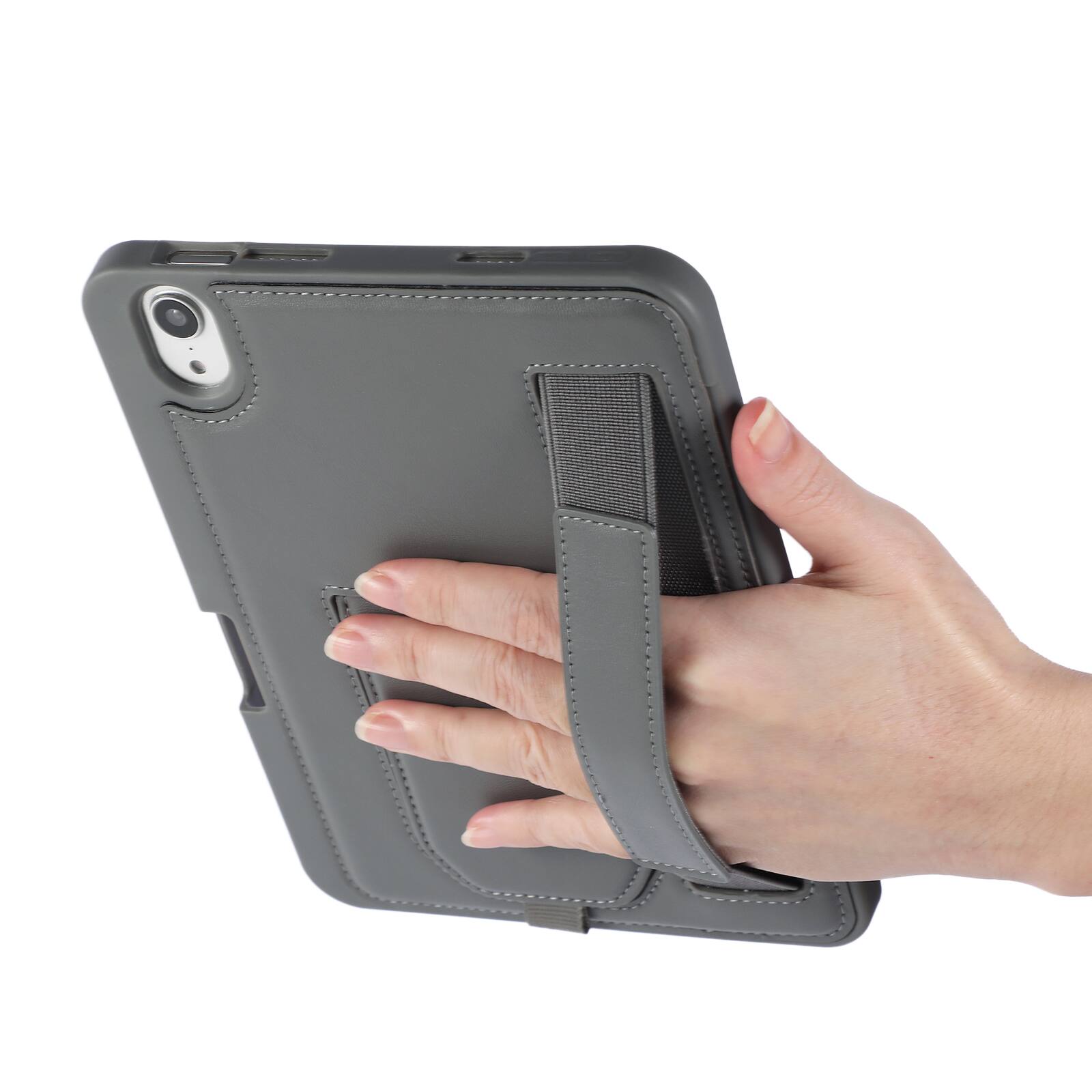 Left. Dteck - Shockproof Case for Apple iPad mini (A17 Pro) 2024 with Hand Strap and Foldable Stand, PU Leather TPU Protective Cover - Gary.