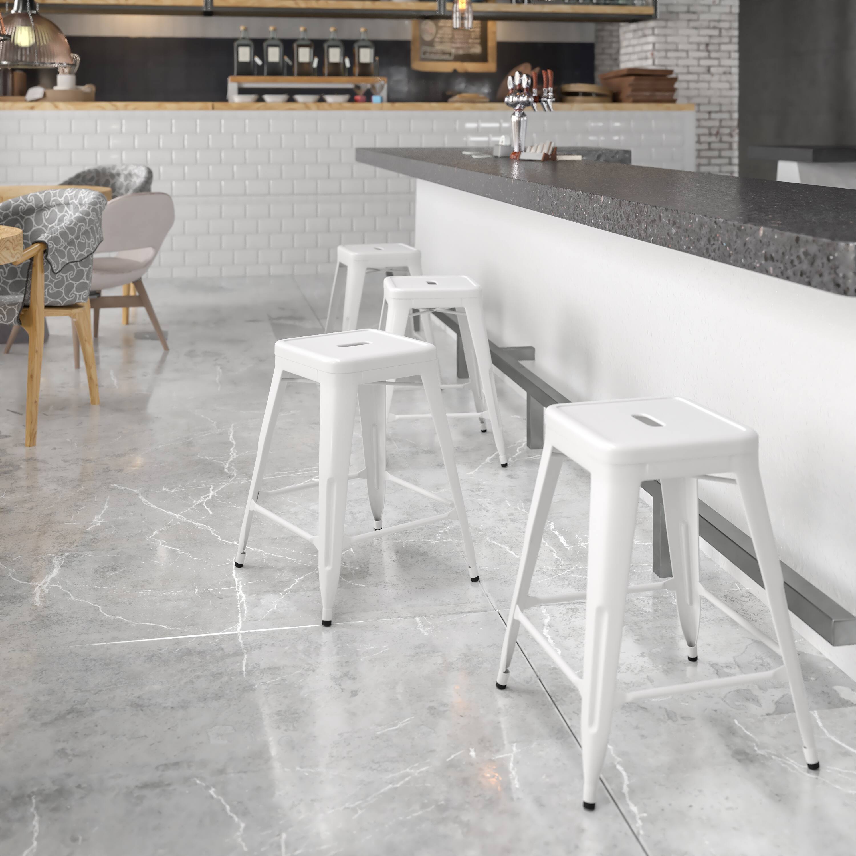 Alt View 1. Emma + Oliver - Commercial Grade 24"H Backless Metal Indoor-Outdoor Counter Stool w/ Square Seat - White.
