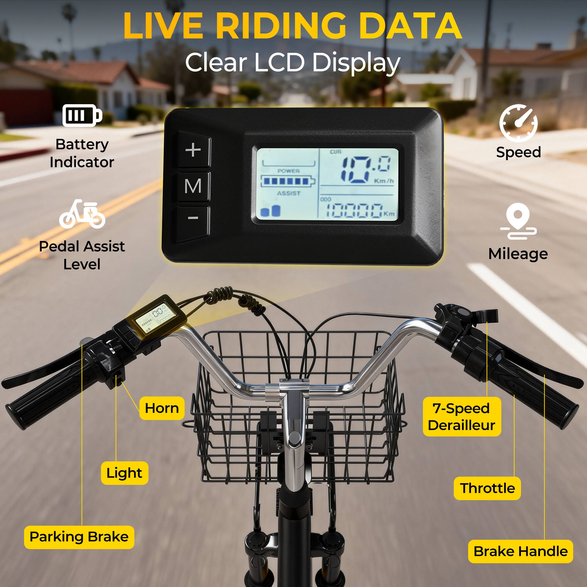 LIVE RIDING DATA  
Clear LCD Display  
Battery Indicator  
Pedal Assist Level  
Speed  
Mileage  

- Horn  
- Light  
- Parking Brake  
- 7-Speed Derailleur  
- Throttle  
- Brake Handle