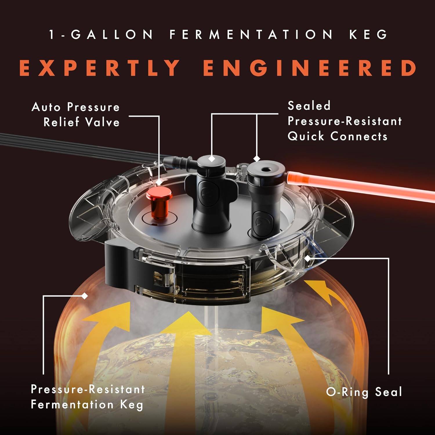 1-Gallon Fermentation Keg  
Exertly Engineered  

- Auto Pressure Relief Valve  
- Sealed Pressure-Resistant Quick Connects  
- Pressure-Resistant Fermentation Keg  
- O-Ring Seal