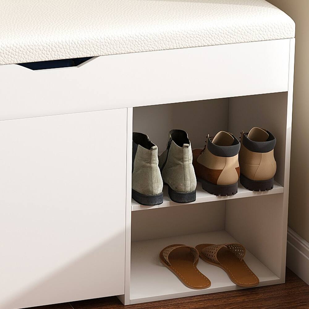 Alt View 4. Ropilly - Ropilly White Entryway Bench with Shoe Storage Hidden Cabinet Cushioned Seat Space Saving Organizer - White.
