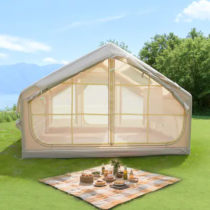 Front. Anysun - 6.3m² Inflatable Camping Tent – Waterproof & Windproof, Clear Skylight, Oxford Fabric – Tent with Mesh Windows & Doors - Beige.