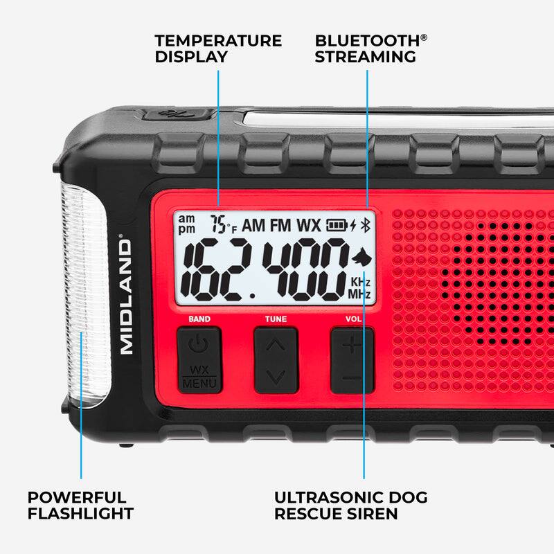- TEMPERATURE DISPLAY
- BLUETOOTH STREAMING
- MIDLAND 162.400 MHz
- BAND TUNE VOL WX MENU
- POWERFUL FLASHLIGHT
- ULTRASONIC DOG RESCUE SIREN