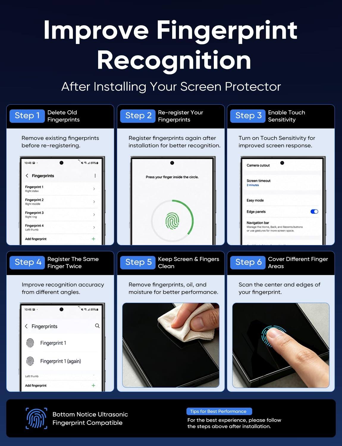 Improve Fingerprint Recognition After Installing Your Screen Protector

Step 1: Delete Old Fingerprints
- Remove existing fingerprints before re-registering.

Step 2: Re-register Your Fingerprints
- Register fingerprints again after installation for better recognition.

Step 3: Enable Touch Sensitivity
- Turn on Touch Sensitivity for improved screen response.

Step 4: Register The Same Finger Twice
- Improve recognition accuracy from different angles.

Step 5: Keep Screen & Fingers Clean
- Remove fingerprints, oil, and moisture for better performance.

Step 6: Cover Different Finger Areas
- Scan the center and edges of your fingerprint.

Bottom Notice: Ultrasonic Fingerprint Compatible

Tips for Best Performance
- For the best experience, please follow the steps above after installation.
