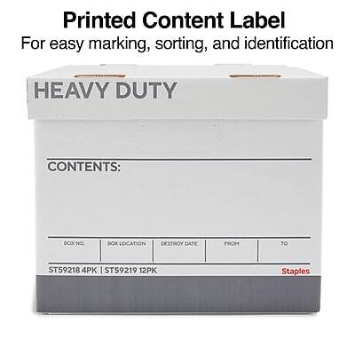 Printed Content Label  
For easy marking, sorting, and identification  

HEAVY DUTY  

CONTENTS:  
BOX NO. | BOX LOCATION | DESTROY DATE | FROM | TO  
ST59218 4PK | ST59219 12PK  

Staples