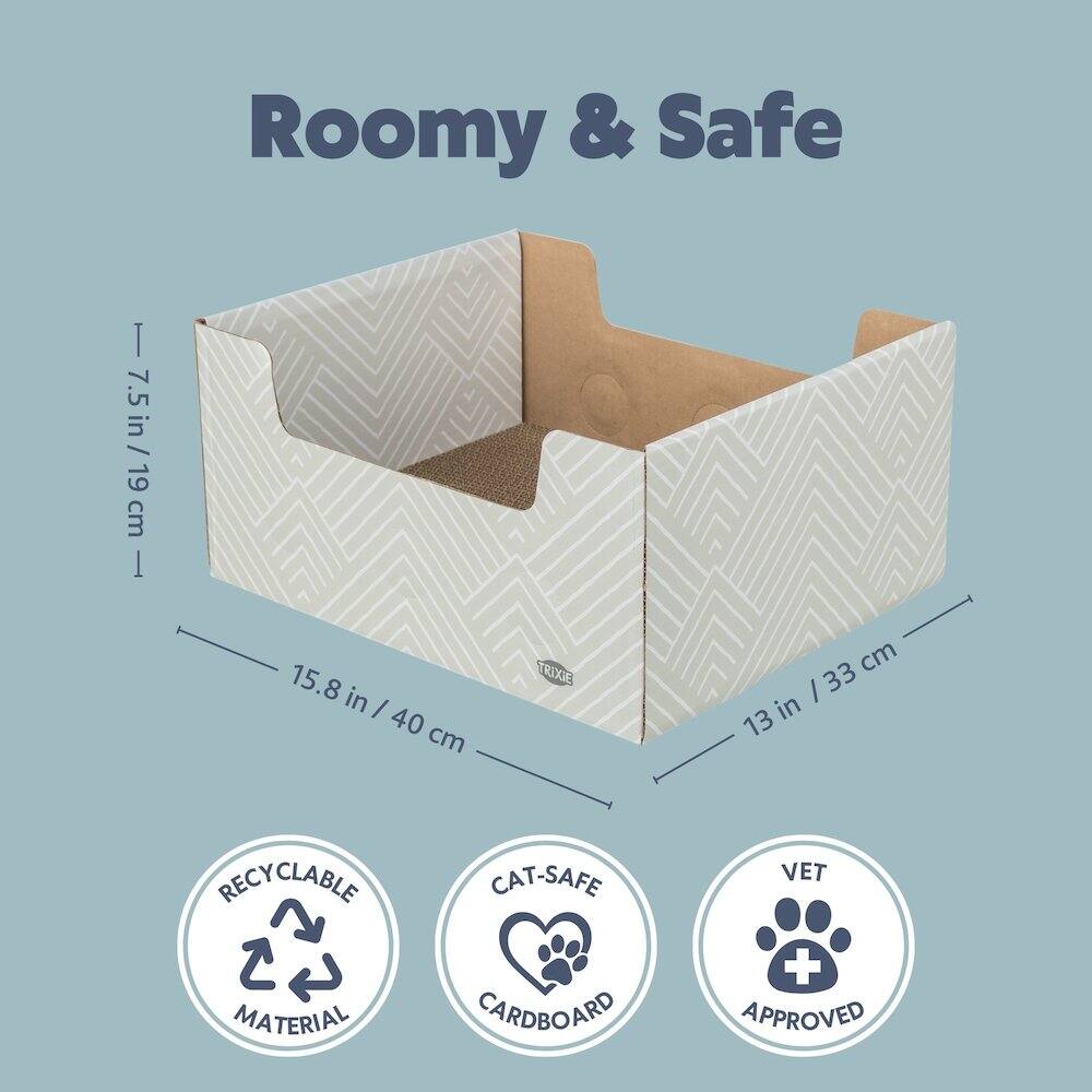 Roomy & Safe

- 7.5 in / 19 cm
- 15.8 in / 40 cm
- 13 in / 33 cm

RECYCLABLE MATERIAL
CAT-SAFE CARDBOARD
VET APPROVED