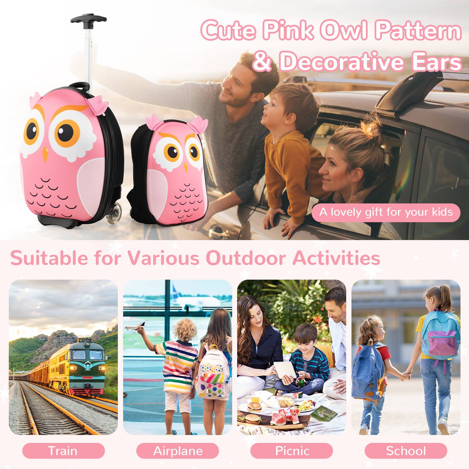 Cute Pink Owl Pattern & Decorative Ears  
A lovely gift for your kids  

Suitable for Various Outdoor Activities  
Train  
Airplane  
Picnic  
School