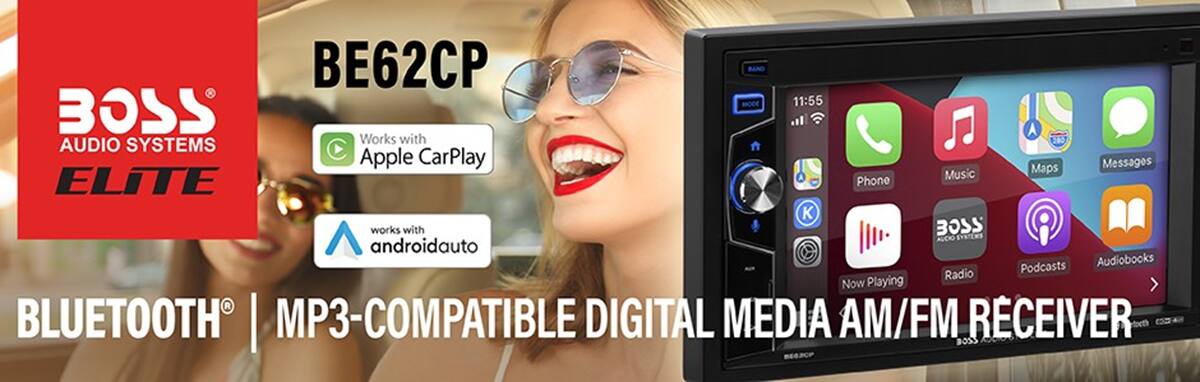 The text on the image is grouped and corrected as follows:

BE62CP BAND MOCE 11:55 BOSS A Works with 0 AUDIO SYSTEMS Apple CarPlay Maps Messages A Music ELITE Phone works with BOSS AUDIO-SYSTEMS AUDIO androidauto Podcasts Audiobooks Radio Now Playing R BLUETOOTH | MP3-COMPATIBLE DIGITAL MEDIA AM/FM RECEIVER tooth G BOSS