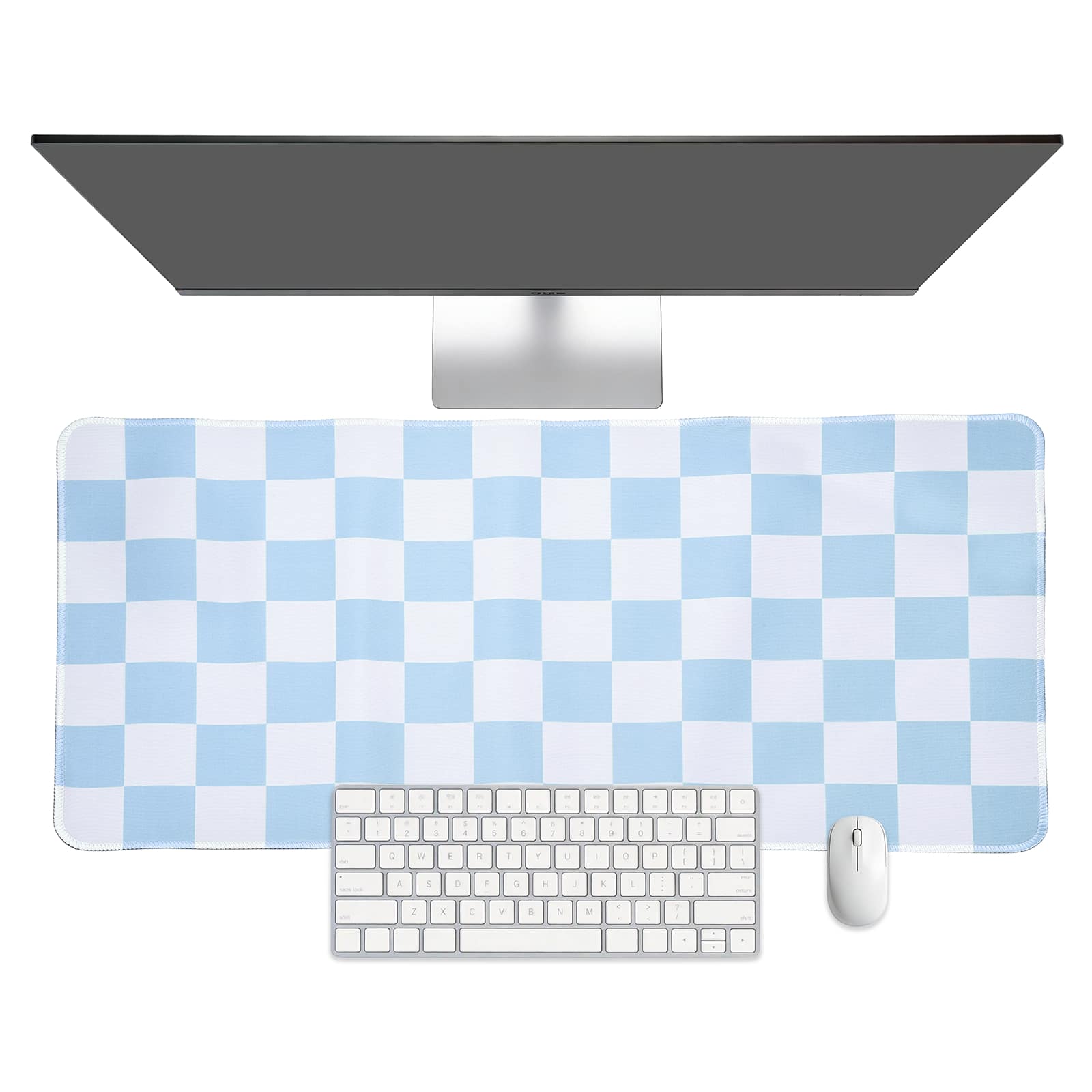 Unique Bargains - Checkered Desk Mat, 31.5x11.8 Inch Mouse Pad, Non-Slip Rubber, Stitched Edges, Soft, for Computer/Laptop - Blue/White
