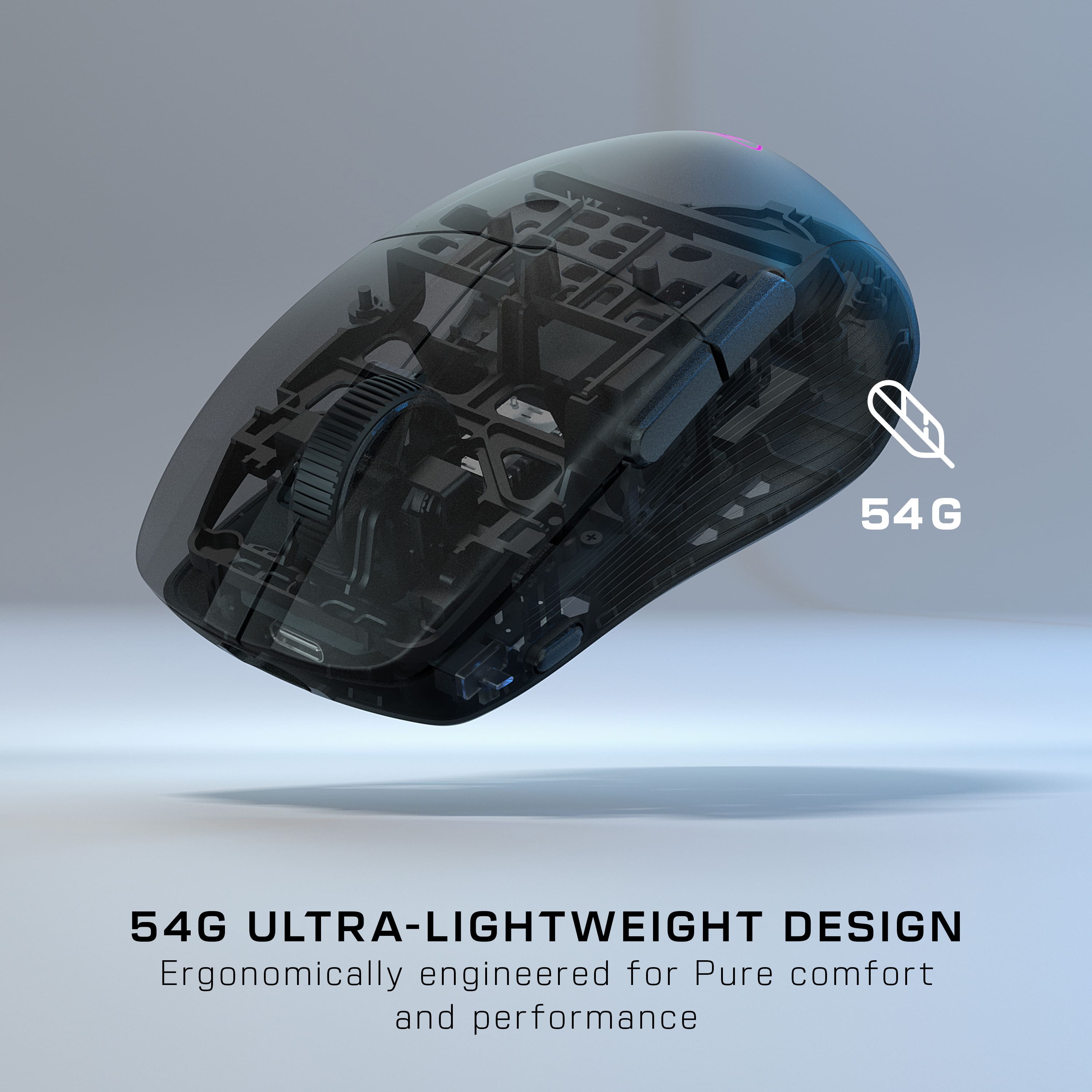 The text on the image reads: "54G ULTRA-LIGHTWEIGHT DESIGN Ergonomically engineered for Pure comfort and performance."