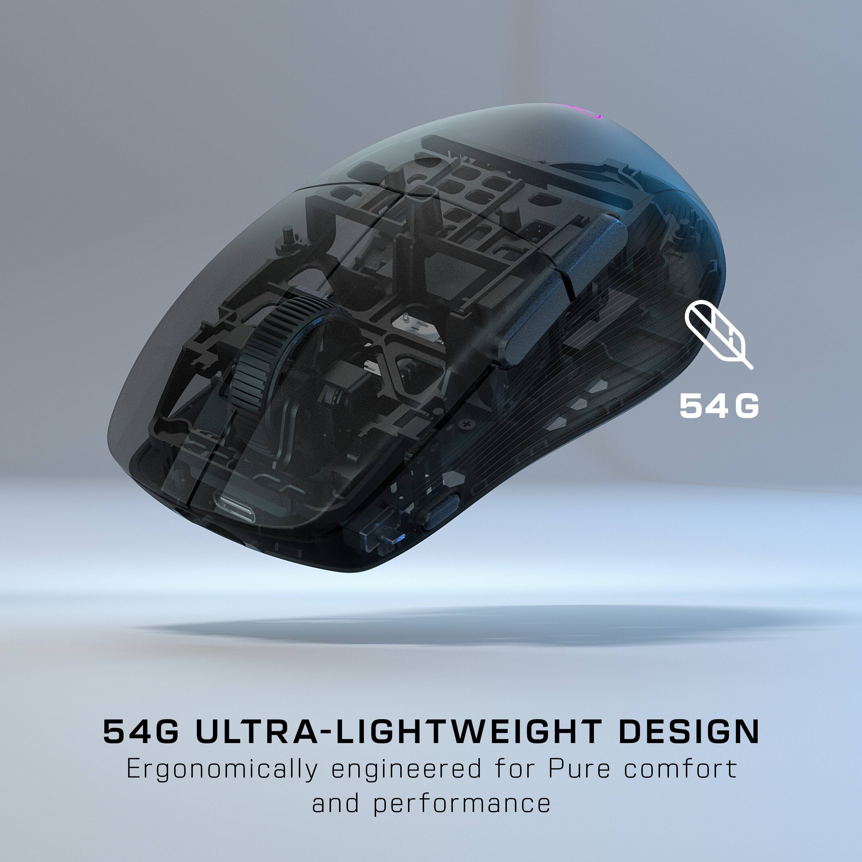 The text on the image reads: "54G ULTRA-LIGHTWEIGHT DESIGN Ergonomically engineered for Pure comfort and performance."