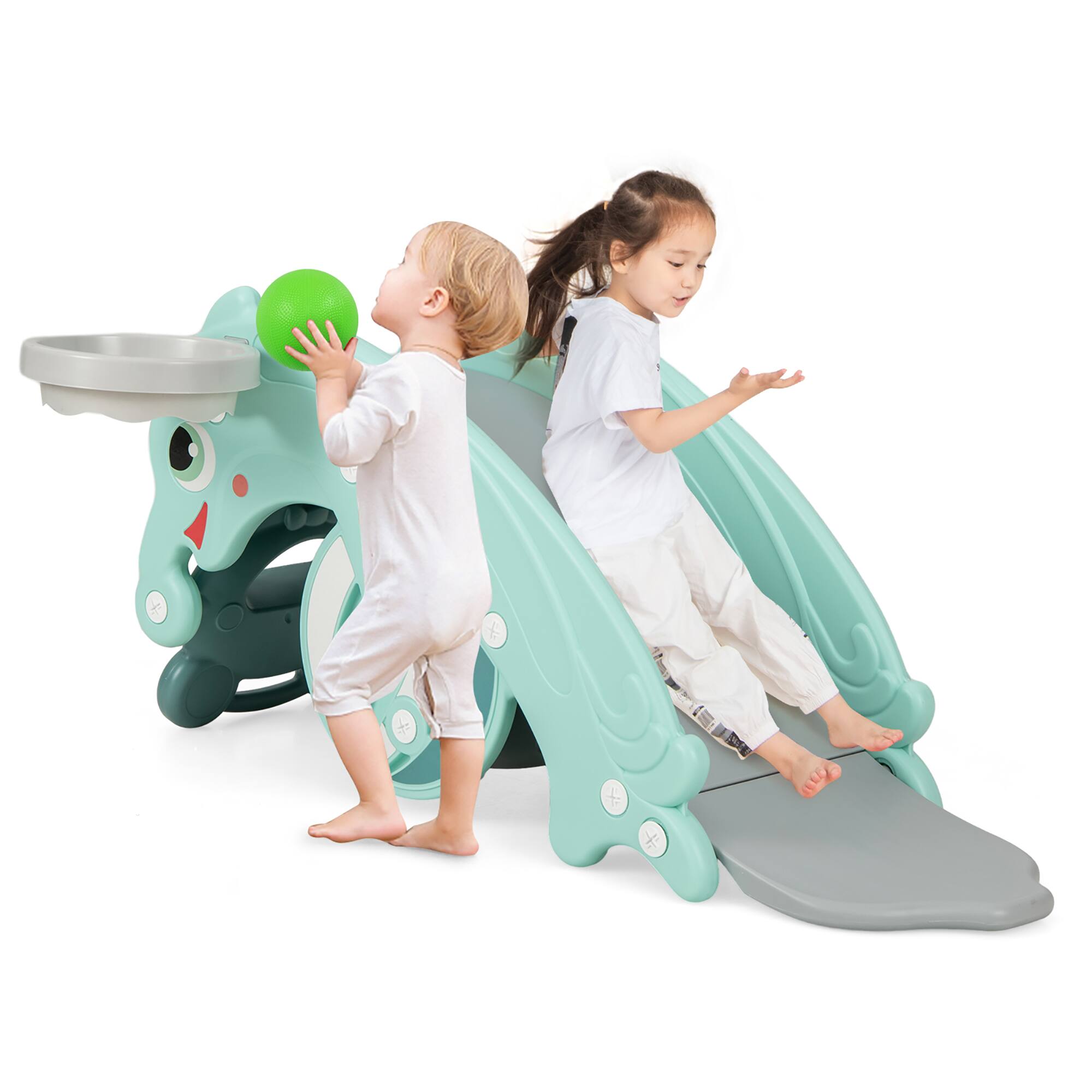 Alt View 9. Gymax - Gymax 3-in-1 Kids Slide Rocking Horse Set Convertible Toddler Slide w/ Basketball Hoop Green - Green.