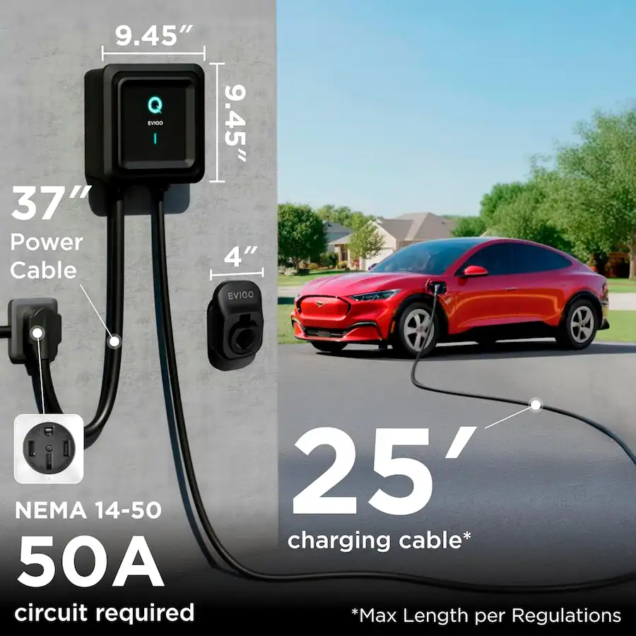 EVIQO Level 2 EV Charger, 40 Amp, J1772 Connector, 25ft Cable, WiFi (2