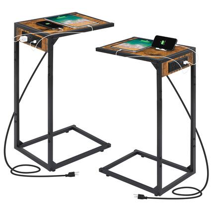 Front. Oumilen - 2PCS C Shape Sofa Side Table with Charging Station - Brown.