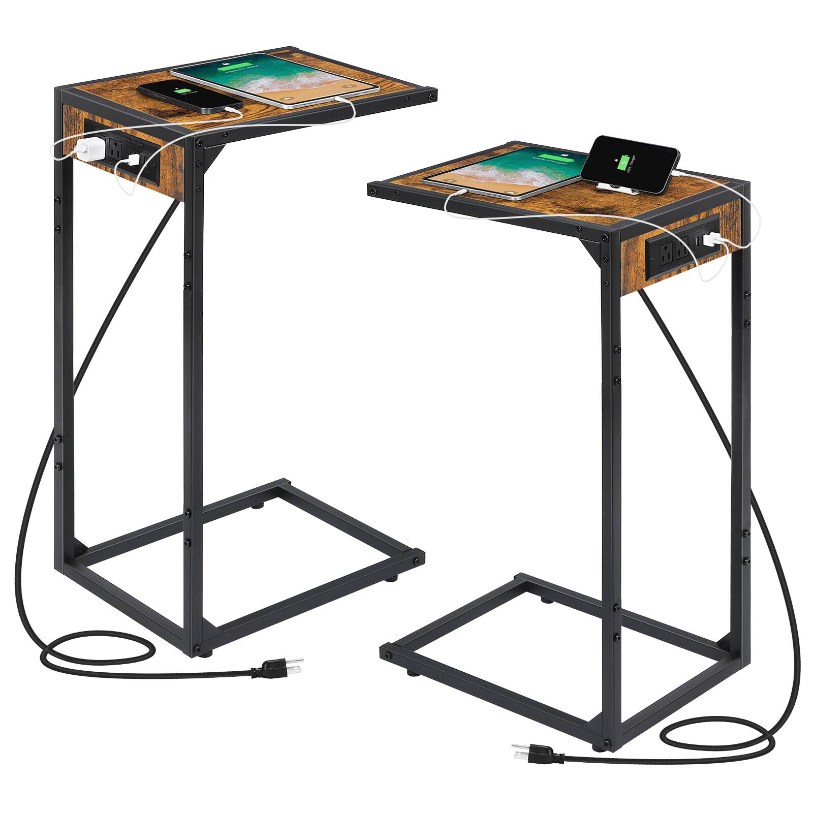 Front. Oumilen - 2PCS C Shape Sofa Side Table with Charging Station - Brown.