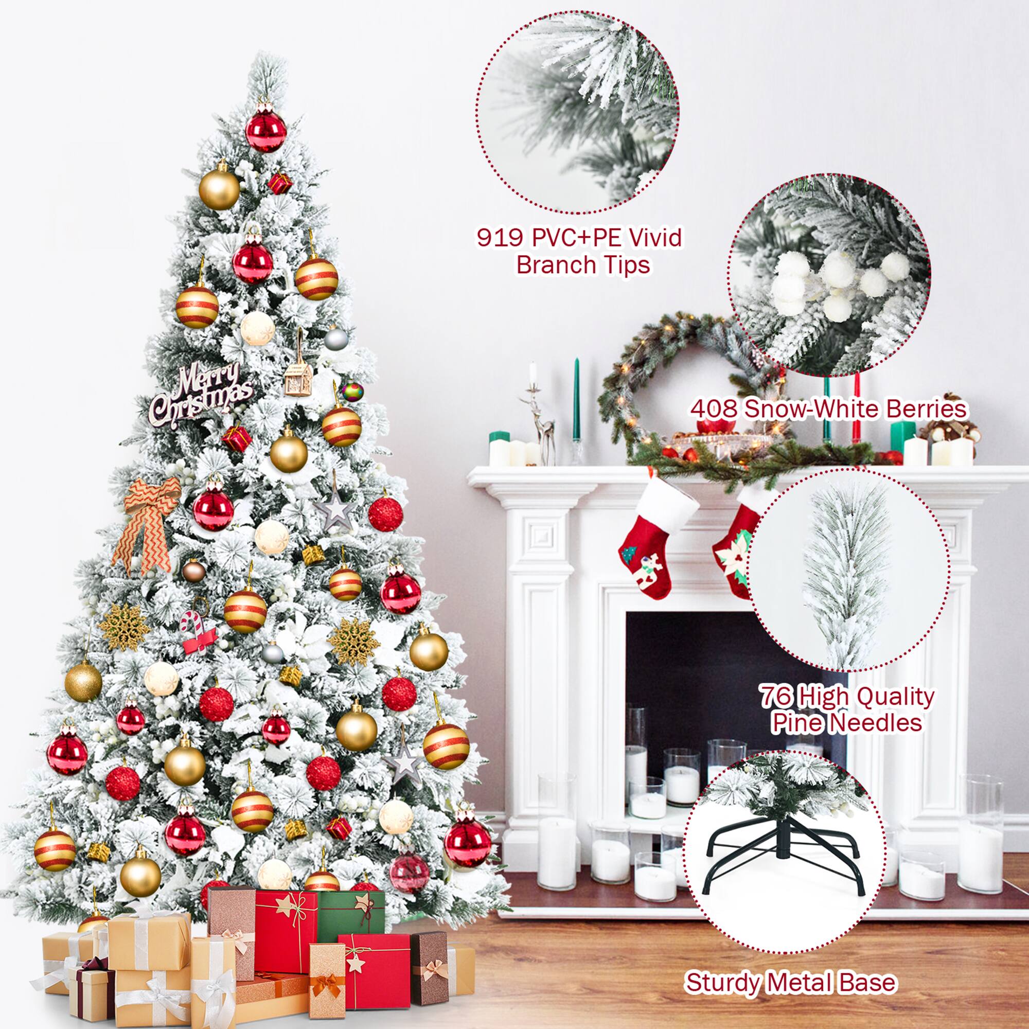 919 PVC+PE Vivid Branch Tips  
408 Snow-White Berries  
76 High Quality Pine Needles  
Sturdy Metal Base