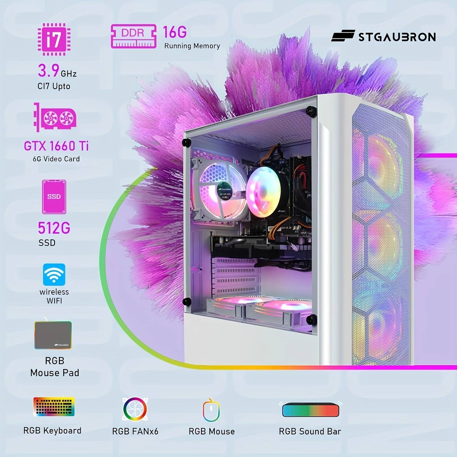 - i7
- DDR 16G Running Memory
- 3.9 GHz C17 Upto
- GTX 1660 Ti 6G Video Card
- 512G SSD
- wireless WIFI
- RGB Mouse Pad
- RGB Keyboard
- RGB FANx6
- RGB Mouse
- RGB Sound Bar