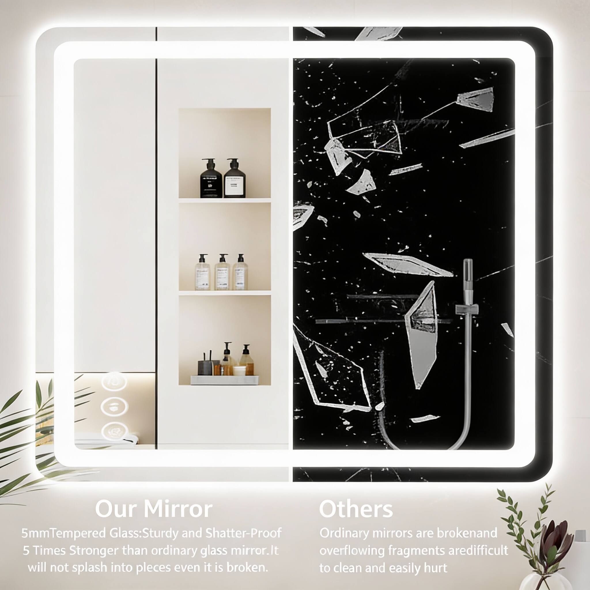 Our Mirror  
5mm Tempered Glass: Sturdy and Shatter-Proof  
5 Times Stronger than ordinary glass mirror. It will not splash into pieces even if it is broken.

Others  
Ordinary mirrors are broken and overflowing fragments are difficult to clean and easily hurt.
