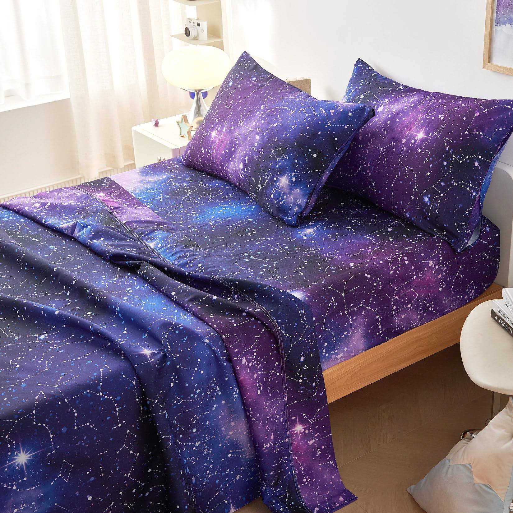 Alt View 1. PO3TICJUNKI3 - Constellation Bed Sheets Sheet Set Celestial Space Witchy Star Galaxy Astrology Soft Microfiber Deep Pocket - Indigo Purple-Queen.
