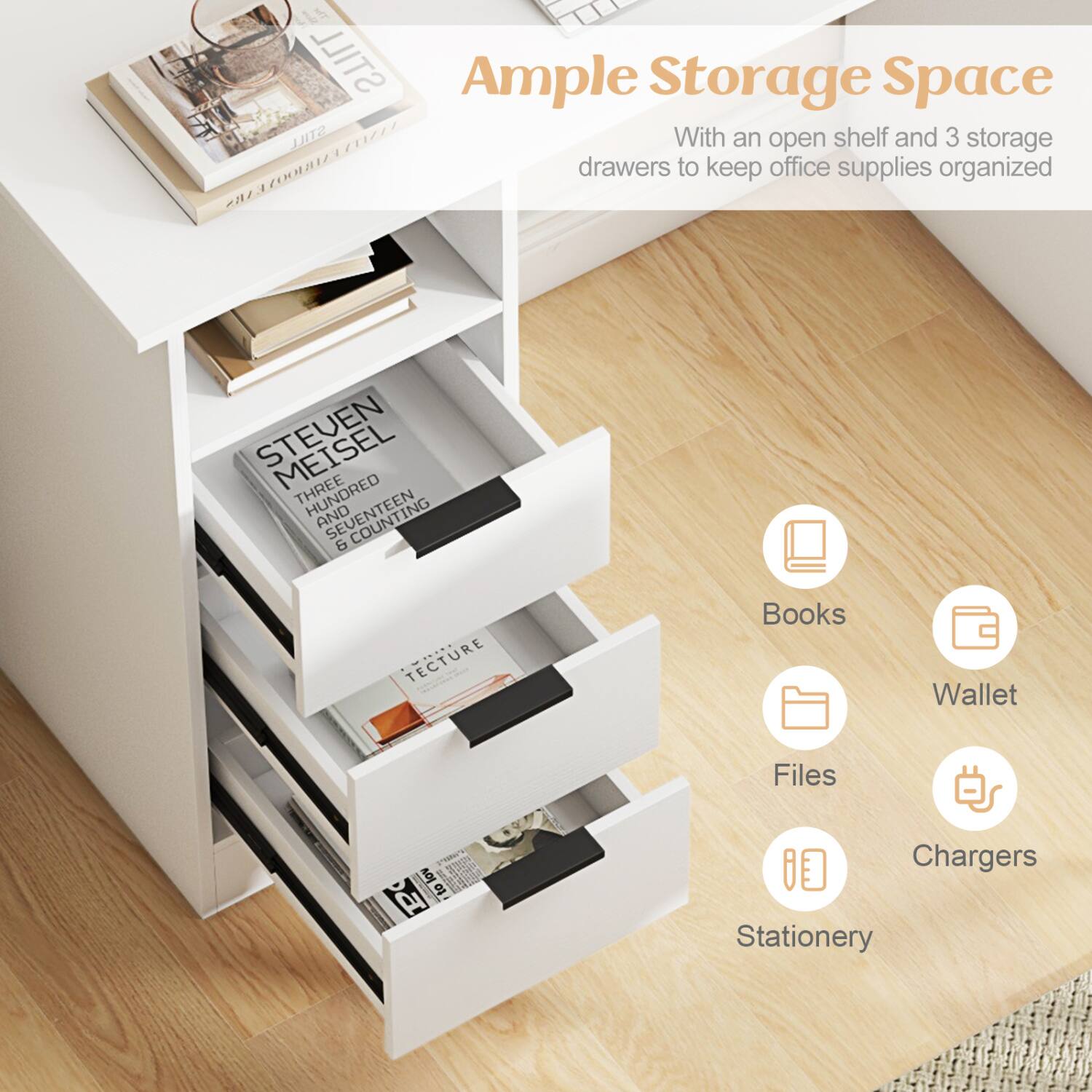 STILL Ample Storage Space STILL With an open shelf and 3 storage drawers to keep office supplies organized

STEVEN THREE AND COUNTING B TECTURE ......
Books
Wallet
Files
P to lov to
Chargers Stationery