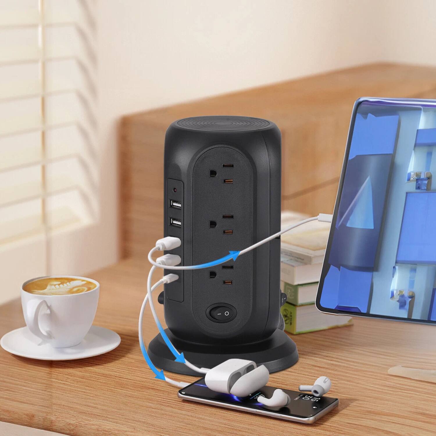 Left. Stock Preferred - 17-in-1 Tower Power Strip with 12 AC Outlets, 5 USB Ports Black - Black.