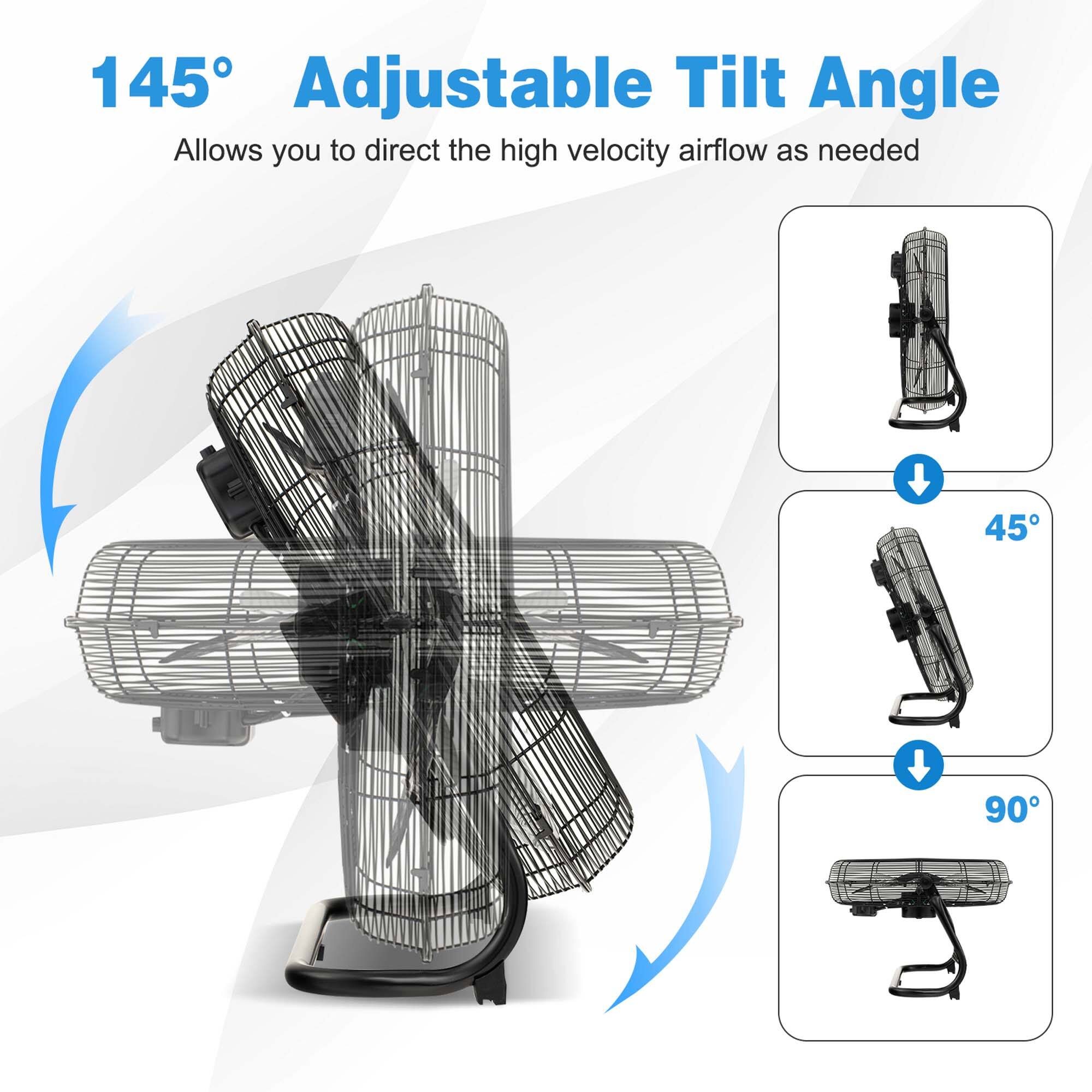 The image shows a fan with a 145° adjustable tilt angle, which allows you to direct the high velocity airflow as needed. The fan can be adjusted to 45° or 90°, providing versatility in its use.