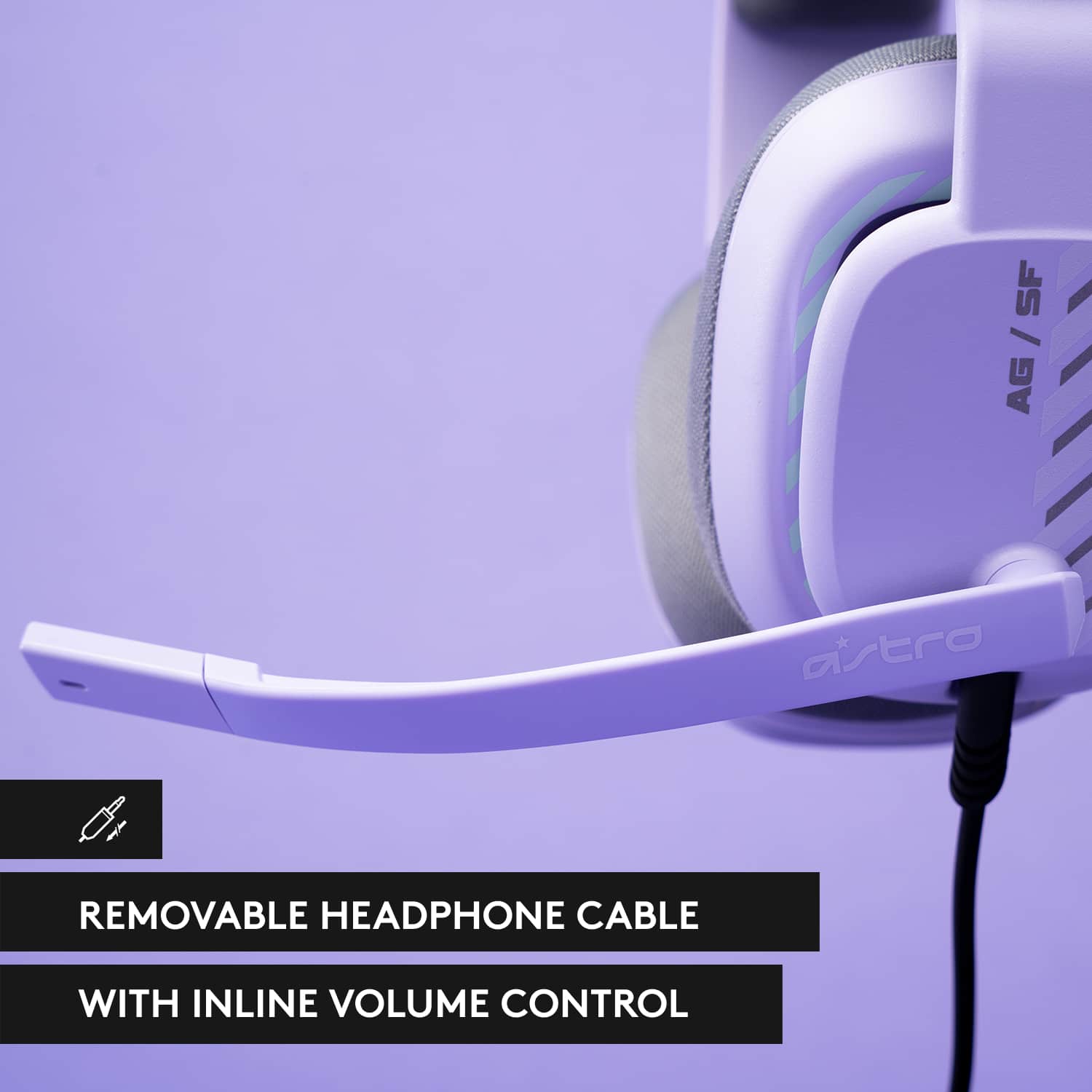 The image shows a white headset with a removable headphone cable and inline volume control. The headset is designed by Astra and is available in two colors: white and black. The headset is compatible with a variety of devices, making it a versatile choice for users.