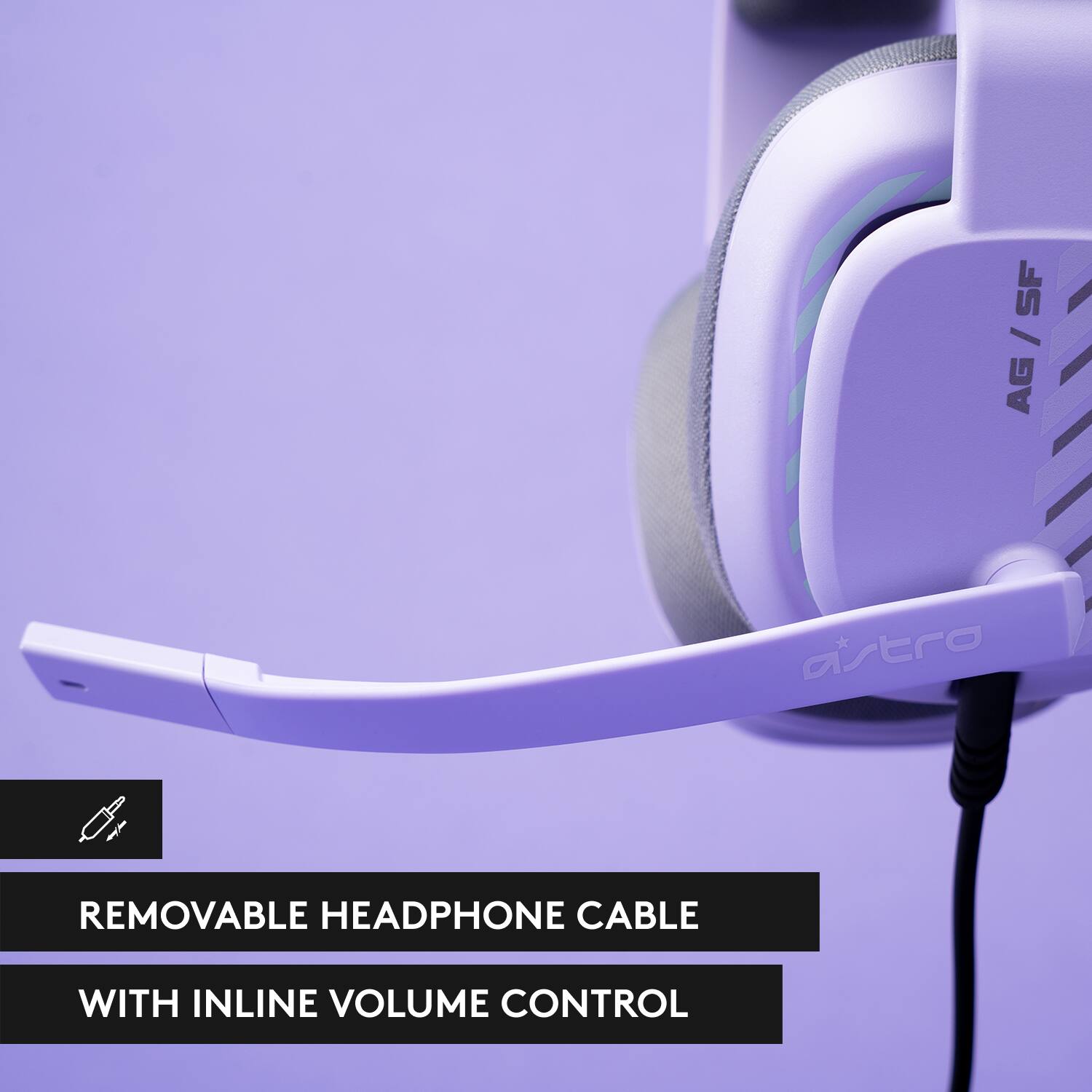 The image shows a white headset with a removable headphone cable and inline volume control. The headset is designed by Astra and is available in two colors: white and black. The headset is compatible with a variety of devices, making it a versatile choice for users.